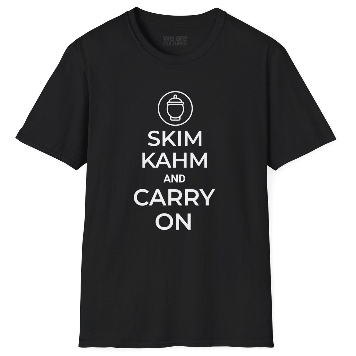 Playful "Skim Kahm and Carry On" T-shirt in black featuring a quirky fermentation-themed twist on a classic British poster, with a crock replacing the crown—perfect for fermentation enthusiasts and probiotic food lovers.
