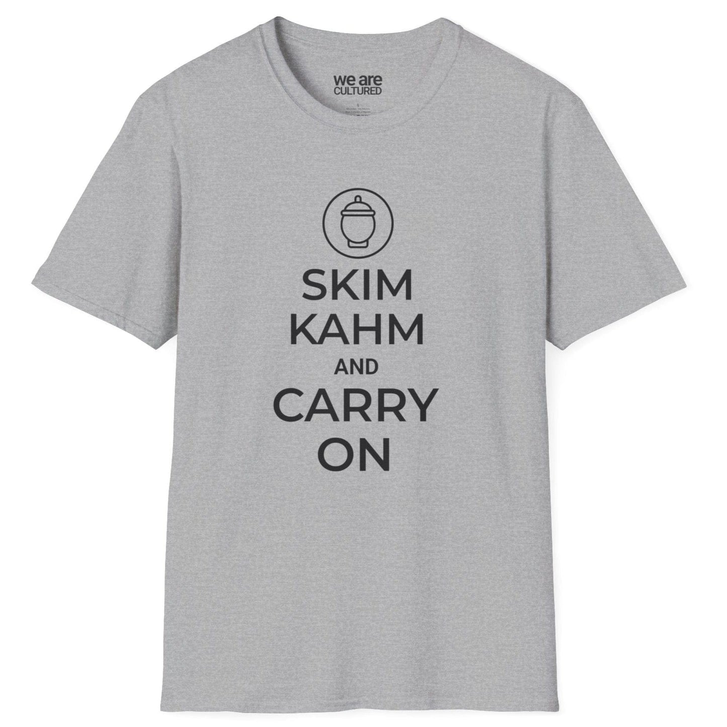 Playful "Skim Kahm and Carry On" T-shirt in grey featuring a quirky fermentation-themed twist on the classic British poster, with a crock replacing the crown—perfect for fermentation enthusiasts and probiotic food lovers.
