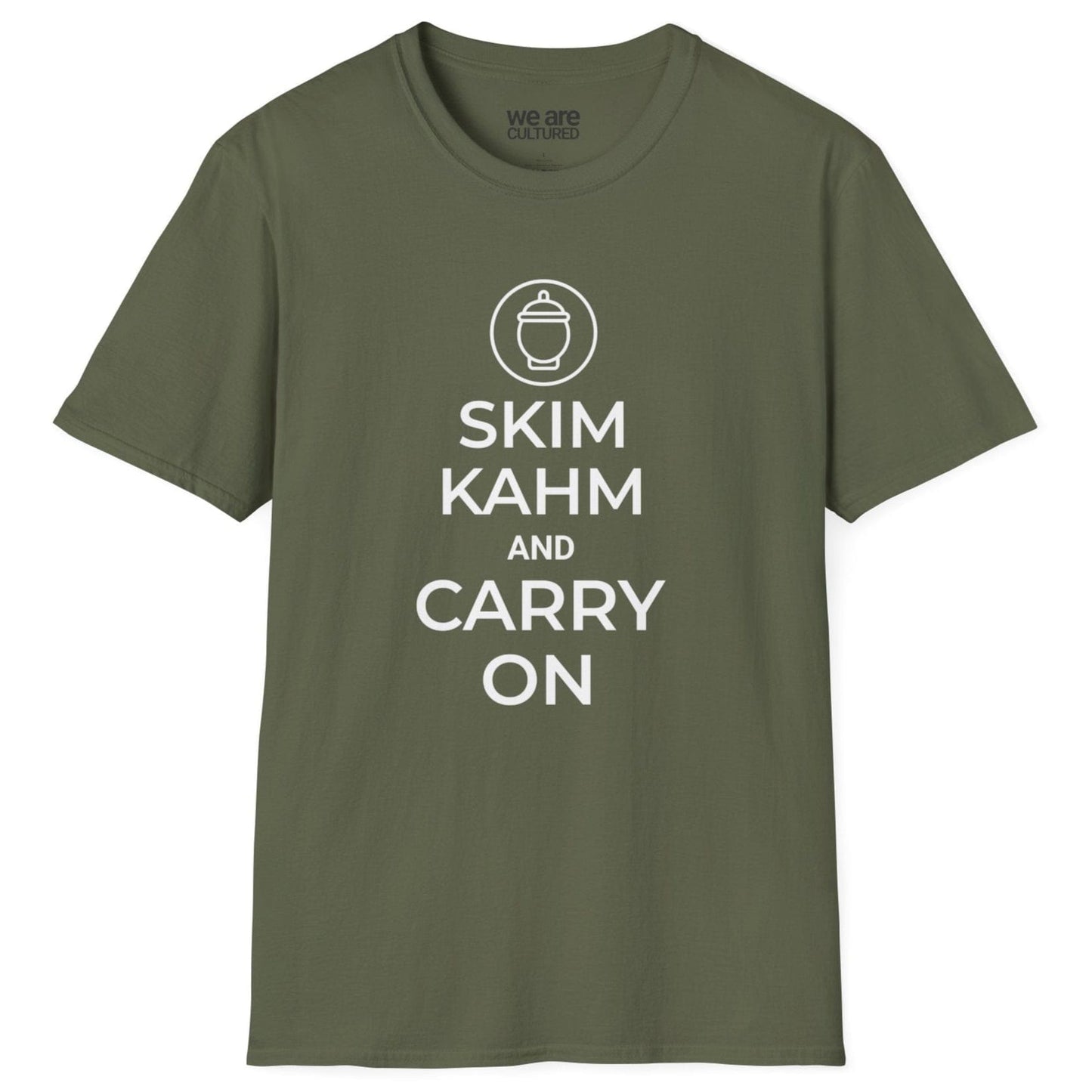 Playful "Skim Kahm and Carry On" T-shirt in military green featuring a quirky fermentation-themed twist on the classic British poster, with a crock replacing the crown—perfect for fermentation enthusiasts and probiotic food lovers.