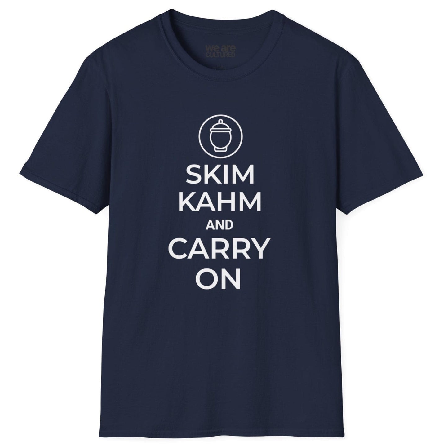 Playful "Skim Kahm and Carry On" T-shirt in navy featuring a quirky fermentation-themed twist on the classic British poster, with a crock replacing the crown—perfect for fermentation enthusiasts and probiotic food lovers.