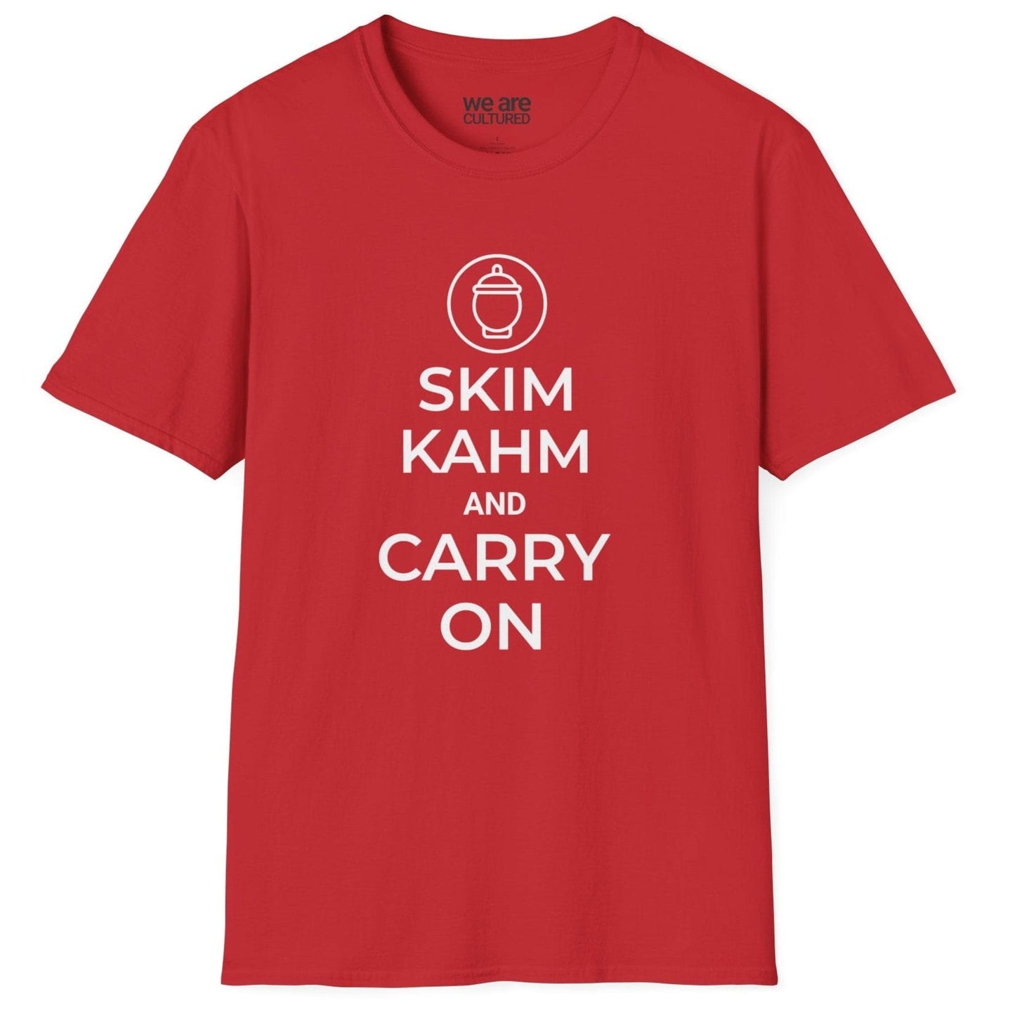 Playful "Skim Kahm and Carry On" T-shirt in red featuring a quirky fermentation-themed twist on a classic British poster, with a crock replacing the crown—perfect for fermentation enthusiasts and probiotic food lovers.