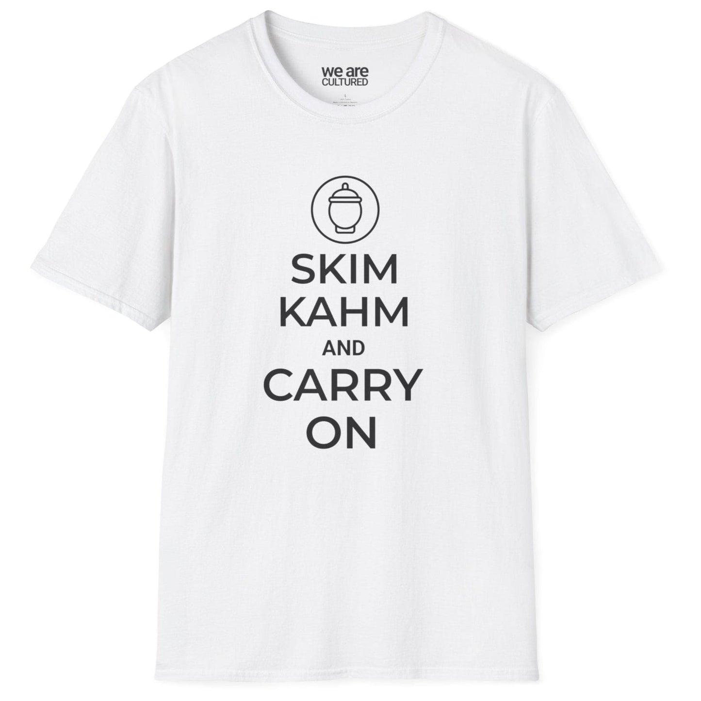 Playful "Skim Kahm and Carry On" T-shirt in white featuring a quirky fermentation-themed twist on a classic British poster, with a crock replacing the crown—perfect for fermentation enthusiasts and probiotic food lovers.