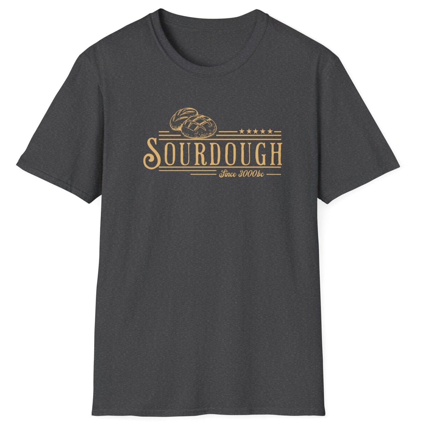 Vintage-style sourdough T-shirt in dark grey featuring hand-drawn loaves and the phrase “Sourdough Since 3000 BC” — a heritage-inspired design for bread lovers and fermentation fans