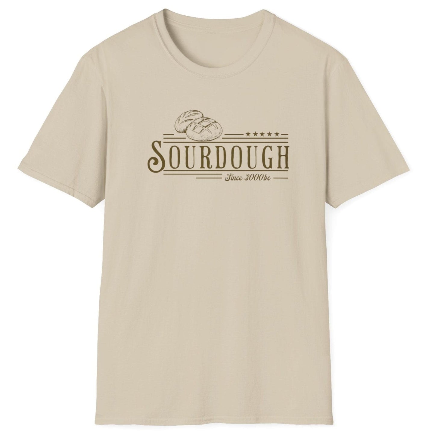 Vintage-style sourdough T-shirt in neutral featuring hand-drawn loaves and the phrase “Sourdough Since 3000 BC” — a heritage-inspired design for bread lovers and fermentation fans.