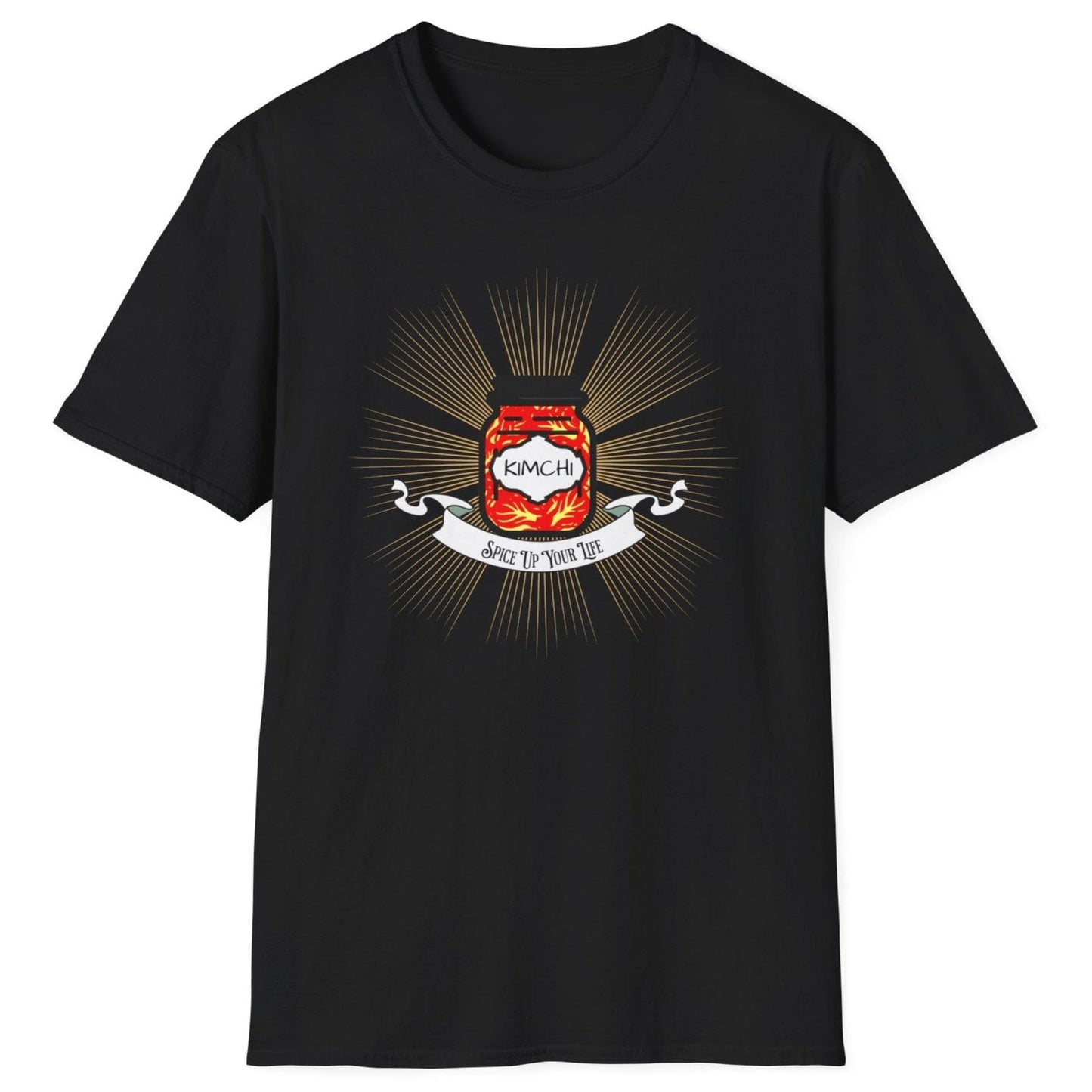 Spice Up Your Life black T-shirt featuring golden rays shining from a jar of kimchi with a vintage-style scroll. Soft, relaxed-fit unisex cotton tee for fermentation fans and kimchi lovers.