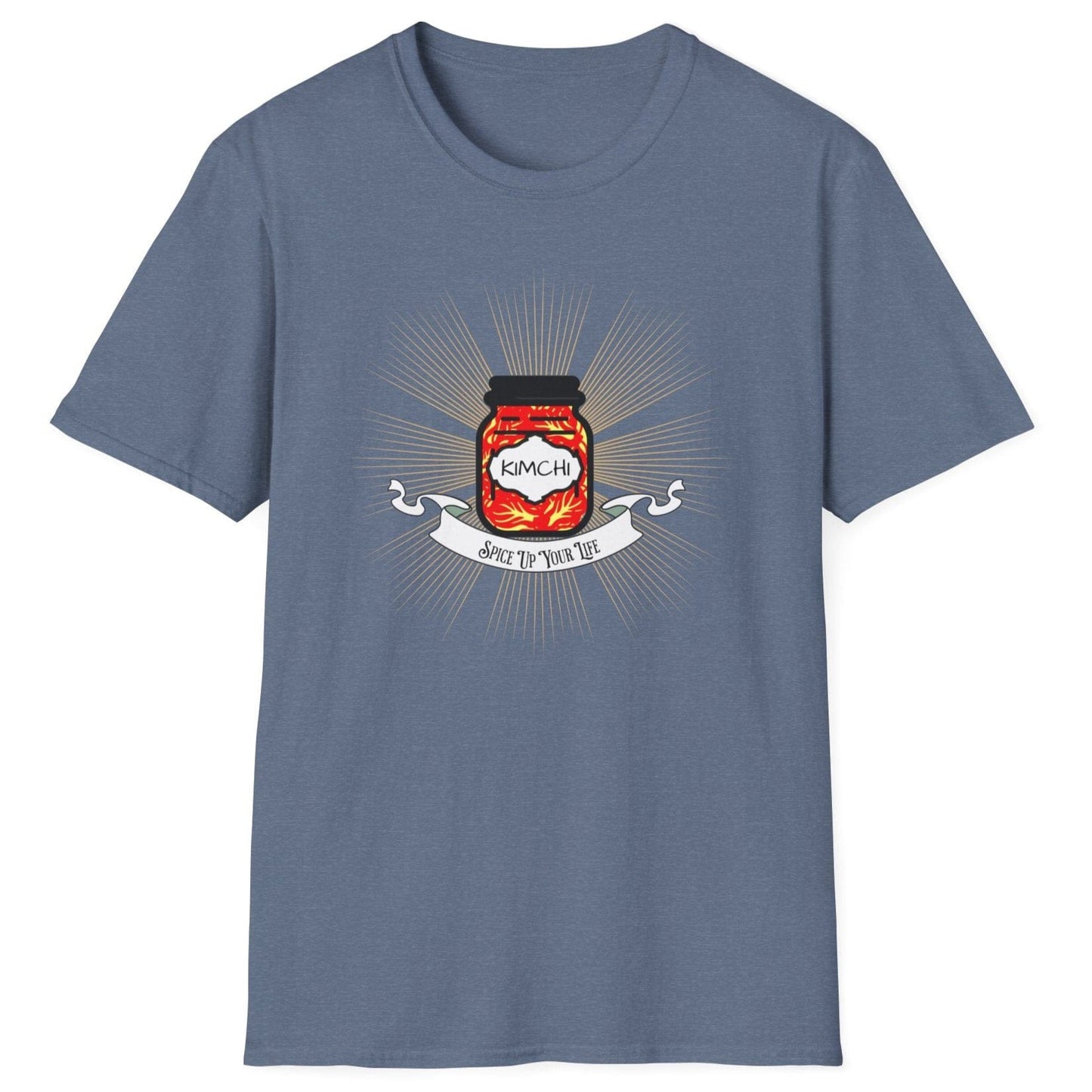 Spice Up Your Life blue T-shirt featuring golden rays shining from a jar of kimchi with a vintage-style scroll. Soft, relaxed-fit unisex cotton tee for fermentation fans and kimchi lovers