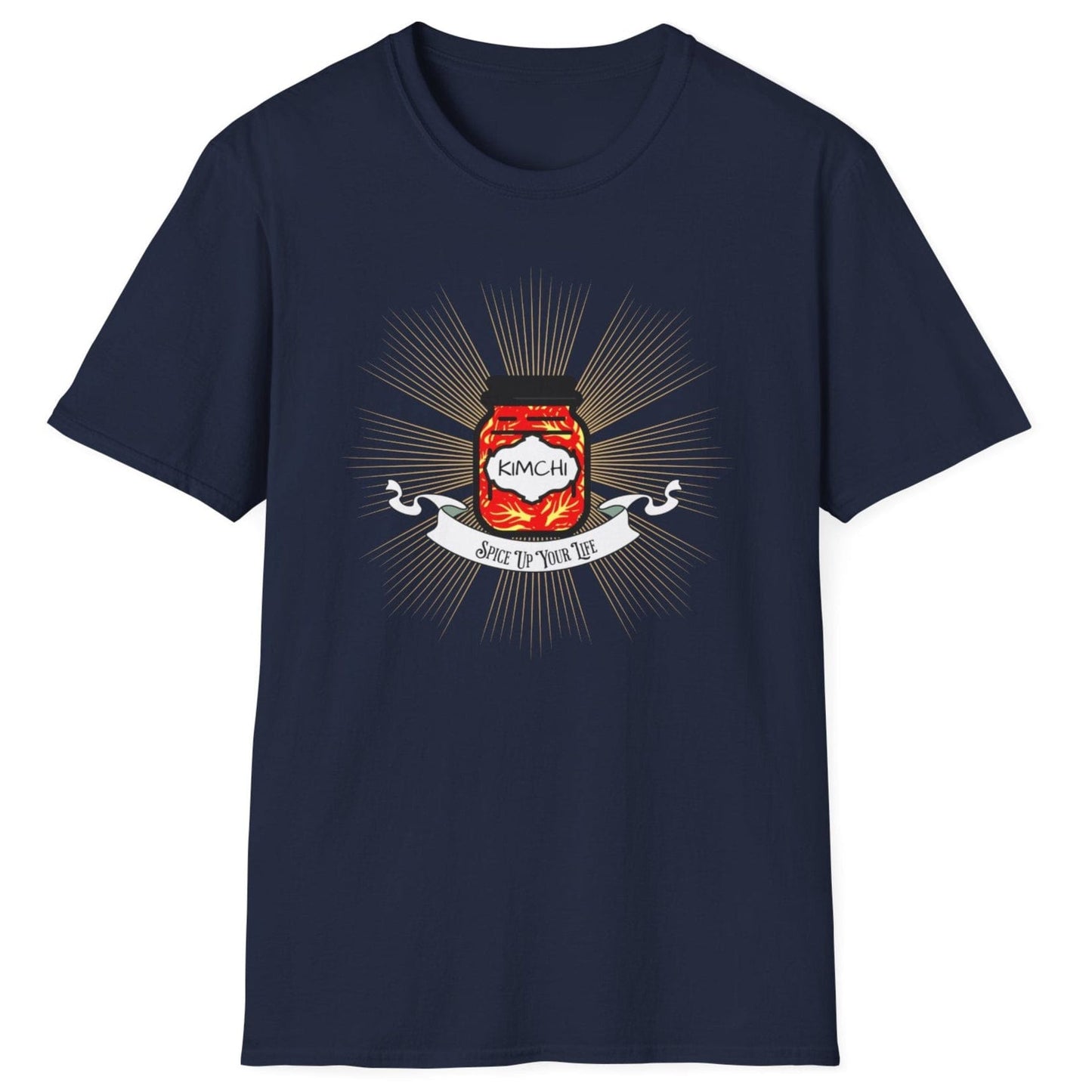 Spice Up Your Life navy T-shirt featuring golden rays shining from a jar of kimchi with a vintage-style scroll. Soft, relaxed-fit unisex cotton tee for fermentation fans and kimchi lovers