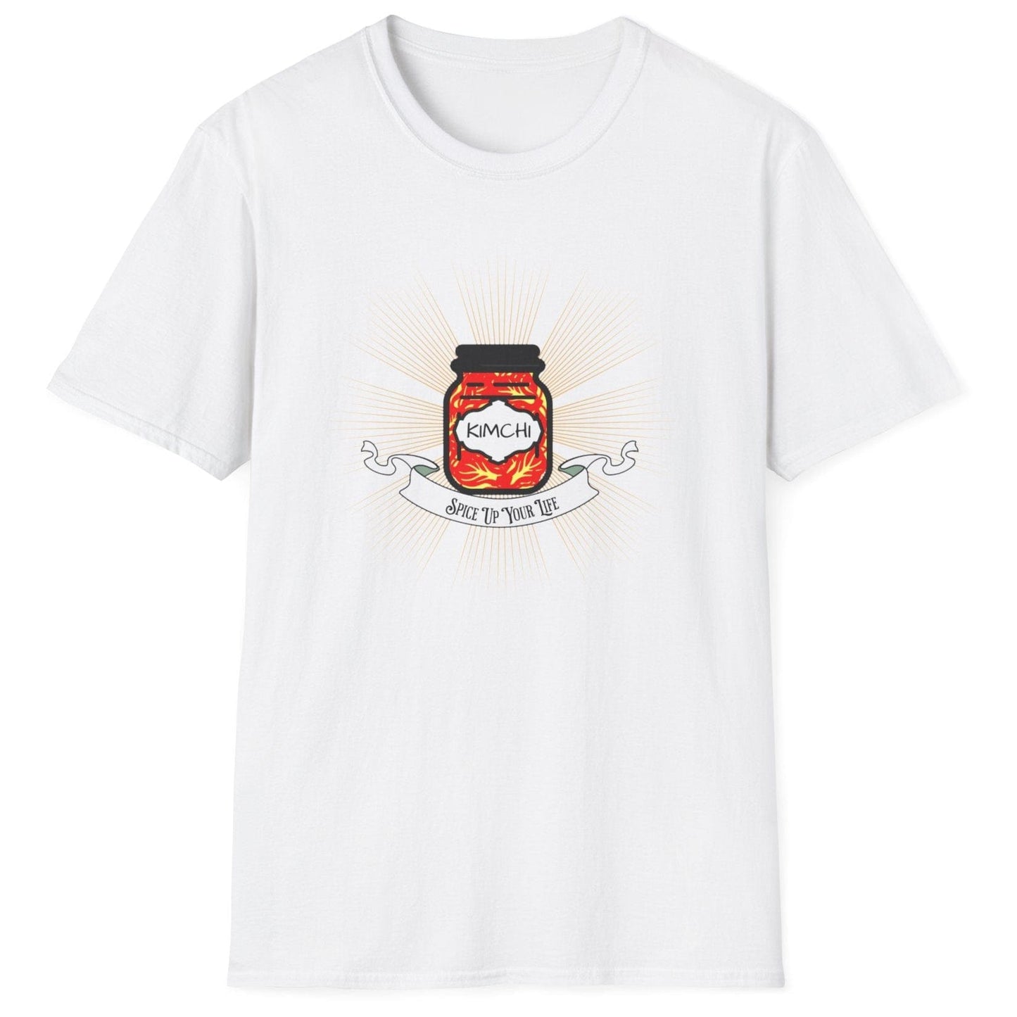 Spice Up Your Life white T-shirt featuring golden rays shining from a jar of kimchi with a vintage-style scroll. Soft, relaxed-fit unisex cotton tee for fermentation fans and kimchi lovers.