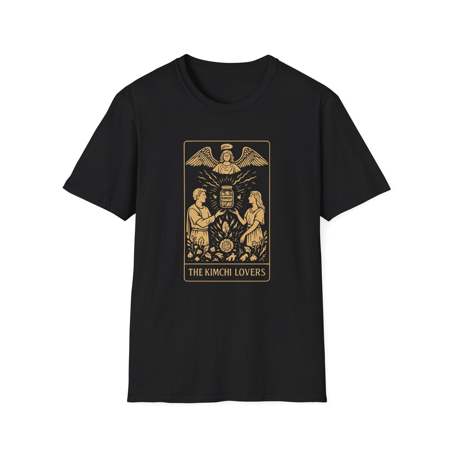 Tarot inspired black fermentation T-Shirt design titled 'The Kimchi Lovers' featuring two figures reaching toward a jar of kimchi under a fermentation spirit, inspired by the Rider-Waite tarot deck