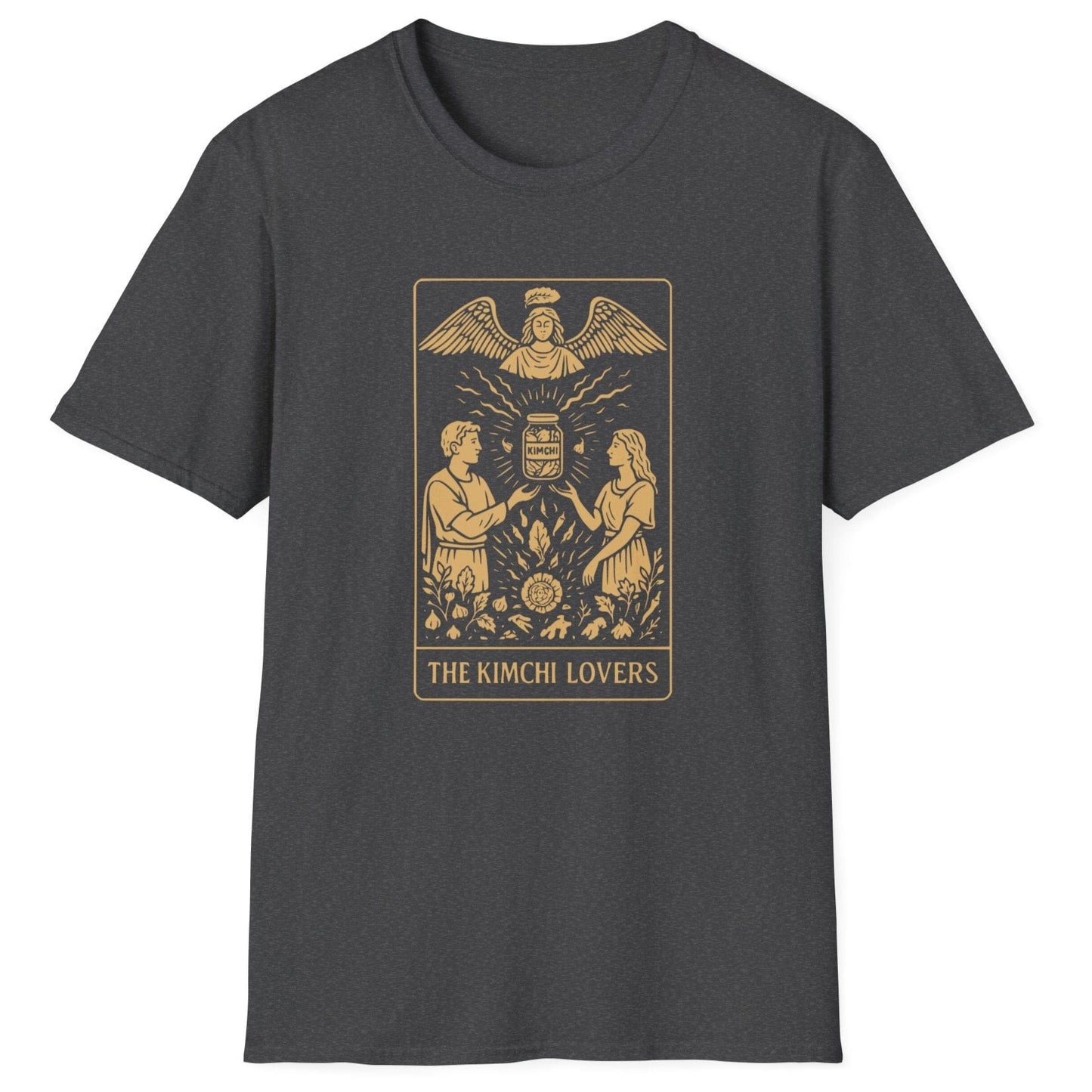 Tarot inspired dark grey fermentation T-Shirt design titled 'The Kimchi Lovers' featuring two figures reaching toward a jar of kimchi under a fermentation spirit, inspired by the Rider-Waite tarot deck