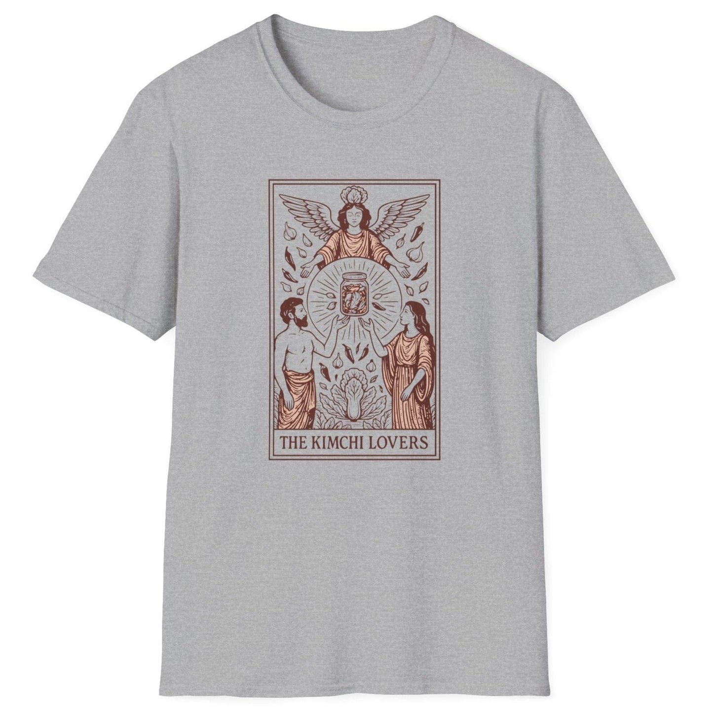 Tarot inspired grey fermentation T-Shirt design titled 'The Kimchi Lovers' featuring two figures reaching toward a jar of kimchi under a fermentation spirit, inspired by the Rider-Waite tarot deck