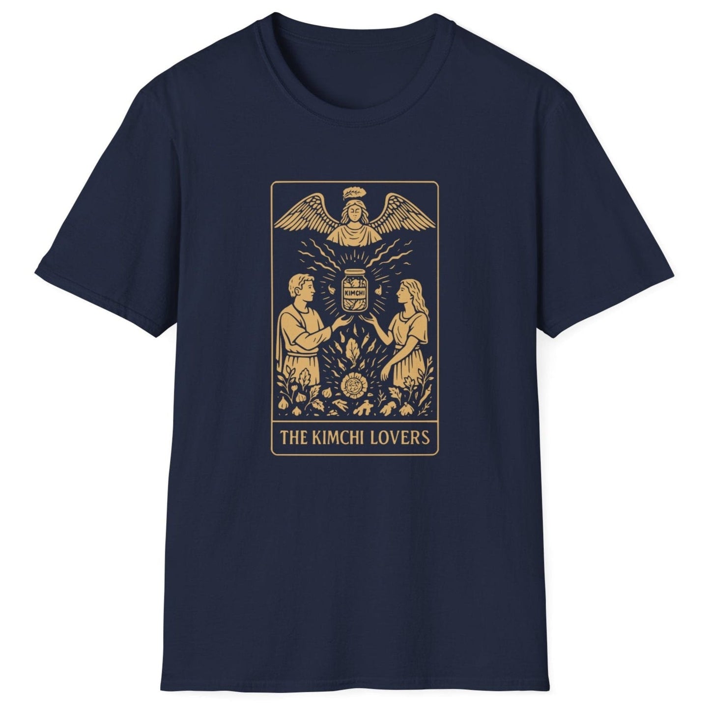 Tarot inspired navy fermentation T-Shirt design titled 'The Kimchi Lovers' featuring two figures reaching toward a jar of kimchi under a fermentation spirit, inspired by the Rider-Waite tarot deck