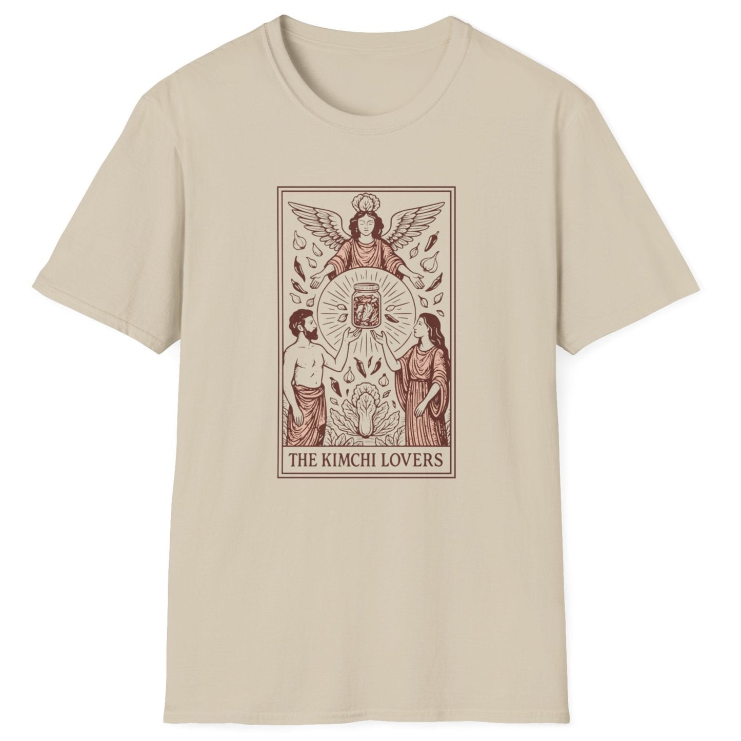 Tarot inspired neutral fermentation T-Shirt design titled 'The Kimchi Lovers' featuring two figures reaching toward a jar of kimchi under a fermentation spirit, inspired by the Rider-Waite tarot deck