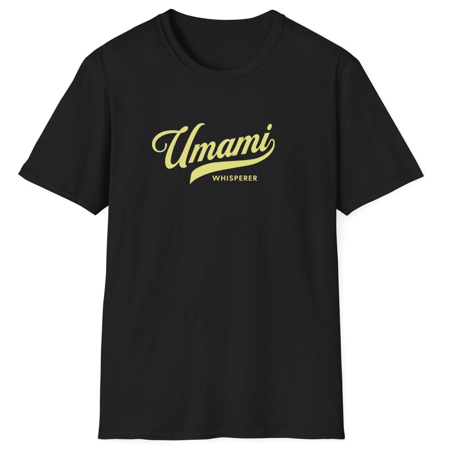 Umami Whisperer black T-shirt for fermentation lovers, chefs, and food enthusiasts. Bold typography design on a soft, relaxed-fit unisex cotton tee. Perfect gift for fermenters, miso makers, and umami aficionados.