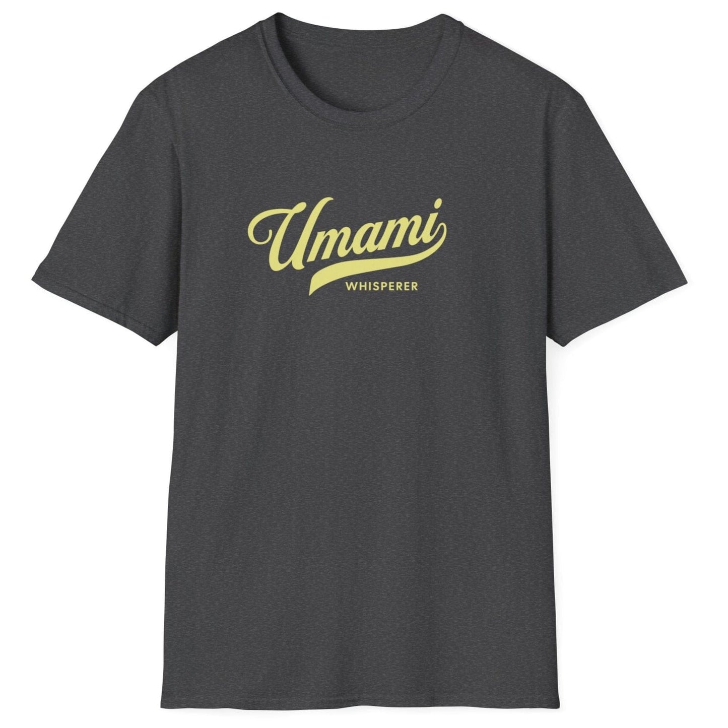 Umami Whisperer dark heather grey T-shirt for fermentation lovers, chefs, and food enthusiasts. Bold typography design on a soft, relaxed-fit unisex cotton tee. Perfect gift for fermenters, miso makers, and umami aficionados.