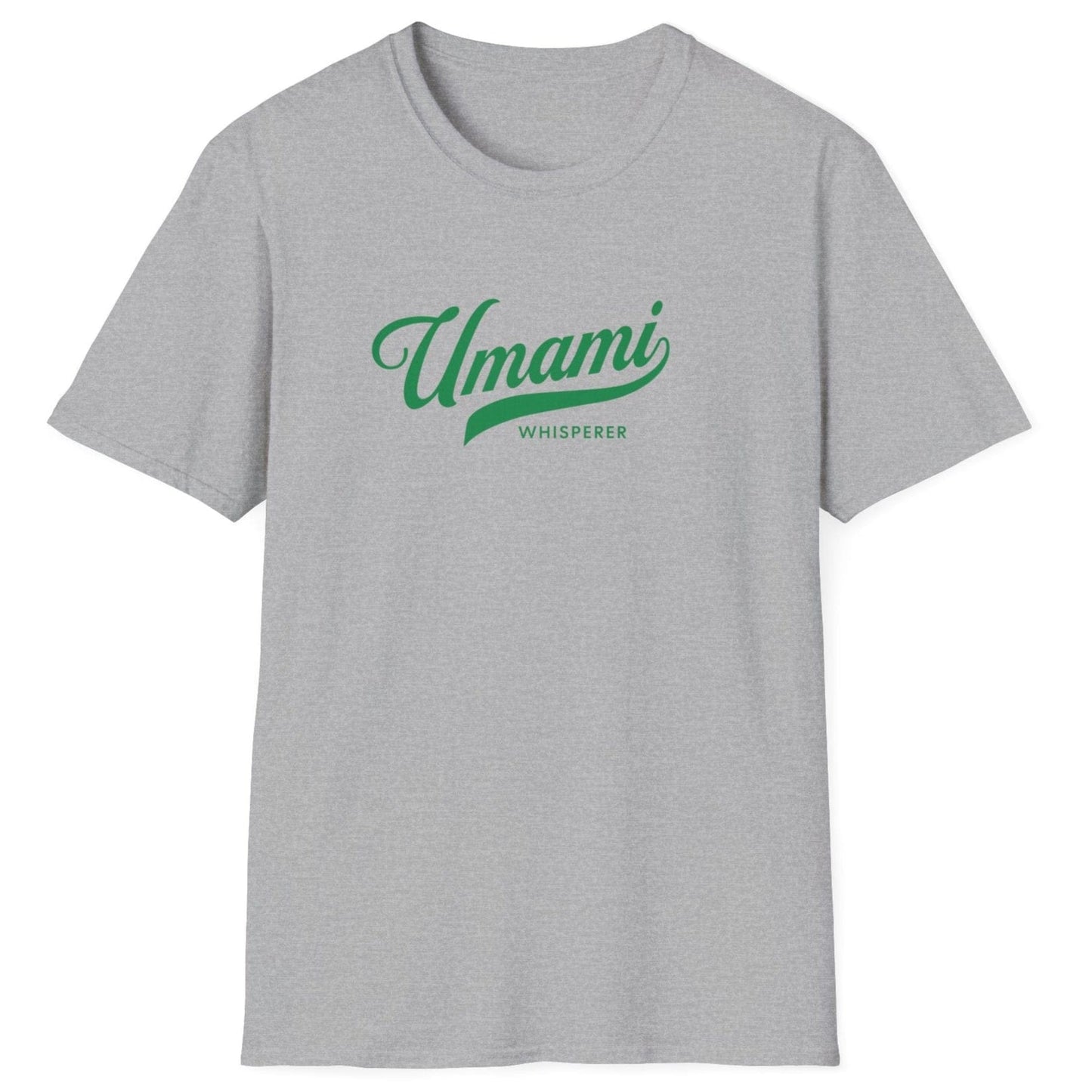 Umami Whisperer grey T-shirt for fermentation lovers, chefs, and food enthusiasts. Bold typography design on a soft, relaxed-fit unisex cotton tee. Perfect gift for fermenters, miso makers, and umami aficionados.
