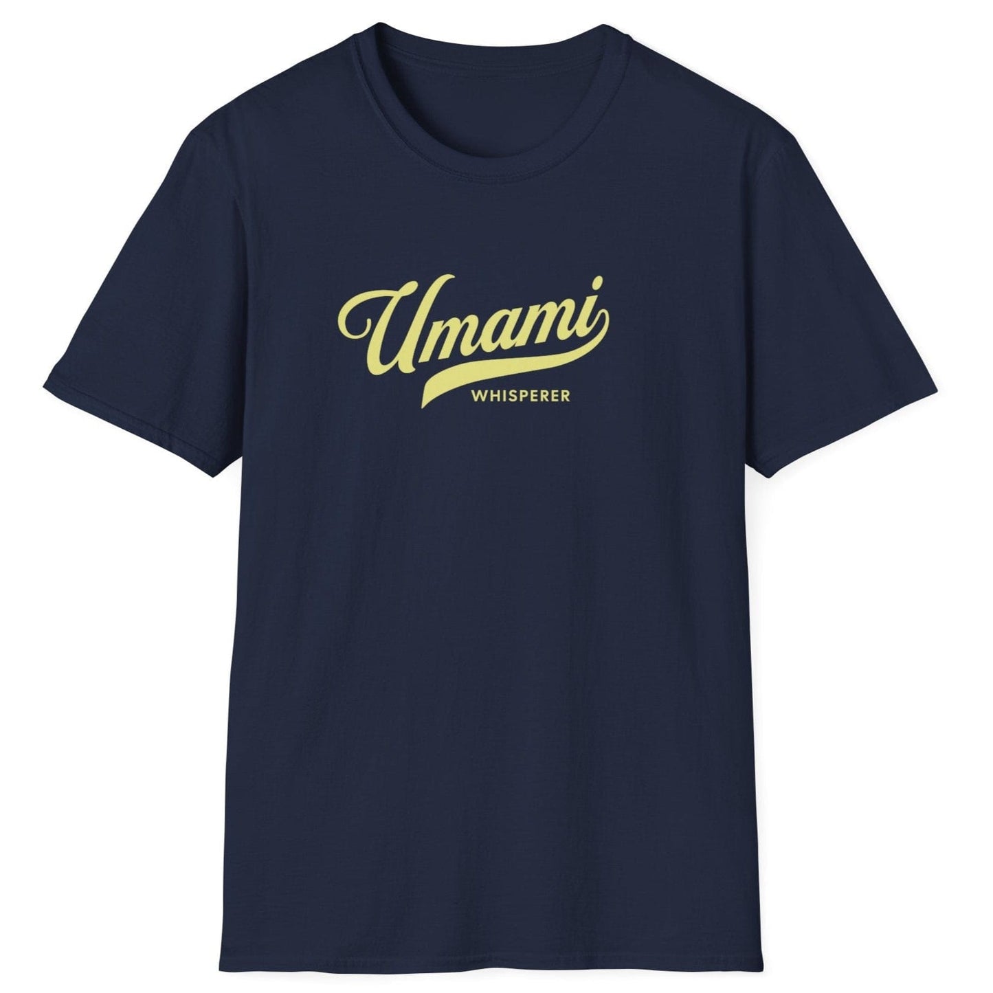 Umami Whisperer navy T-shirt for fermentation lovers, chefs, and food enthusiasts. Bold typography design on a soft, relaxed-fit unisex cotton tee. Perfect gift for fermenters, miso makers, and umami aficionados.
