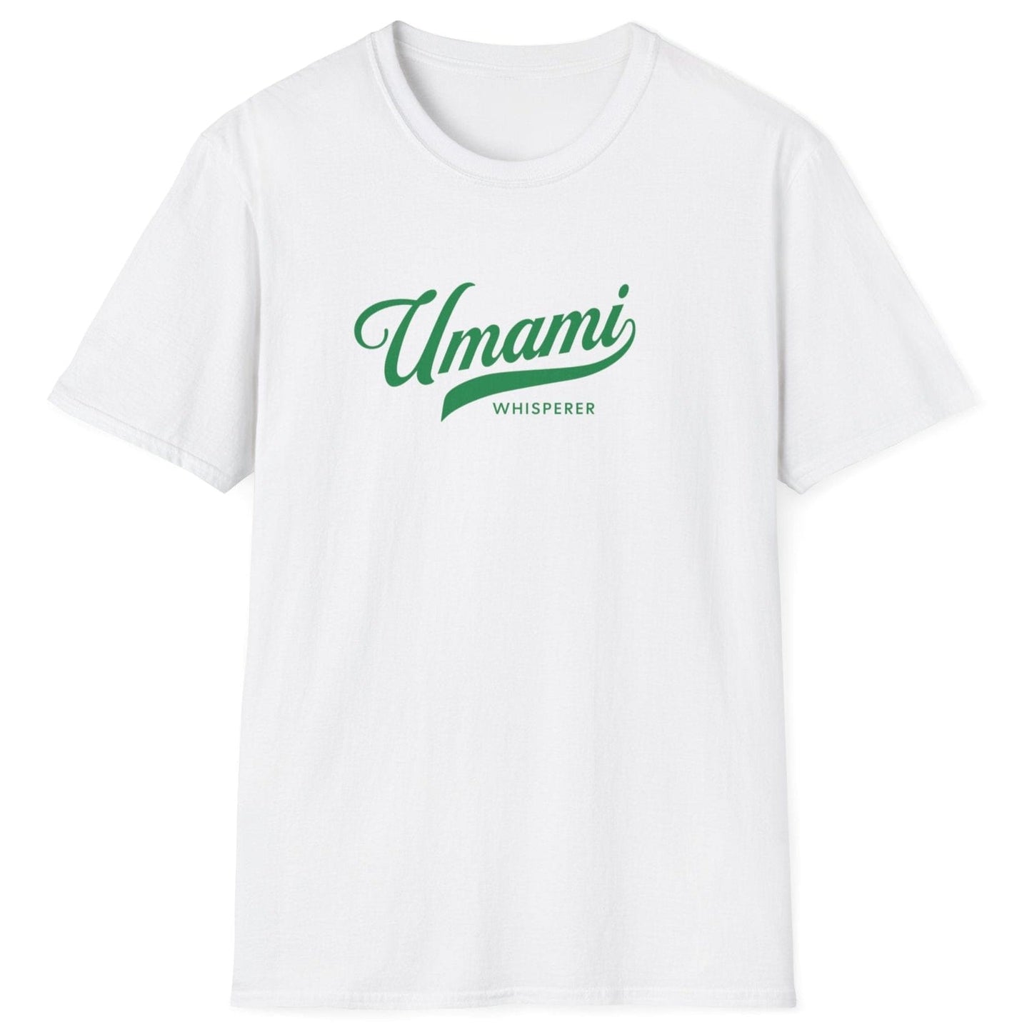 Umami Whisperer white T-shirt for fermentation lovers, chefs, and food enthusiasts. Bold typography design on a soft, relaxed-fit unisex cotton tee. Perfect gift for fermenters, miso makers, and umami aficionados.