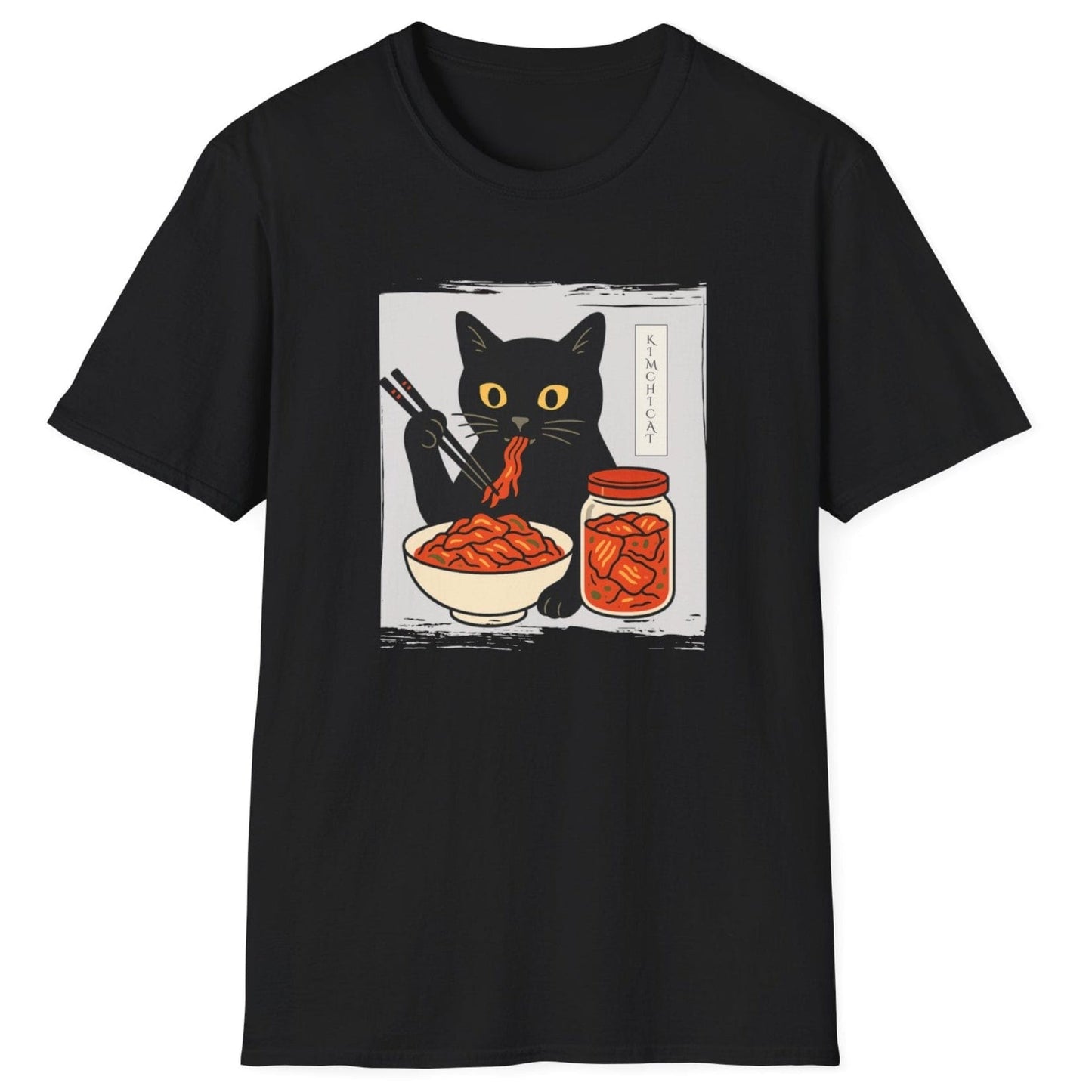 Vintage-style black fermentation T-Shirt with an illustration of a black cat eating kimchi noodles, inspired by Japanese design and Korean fermentation culture, featured on a distressed textured background