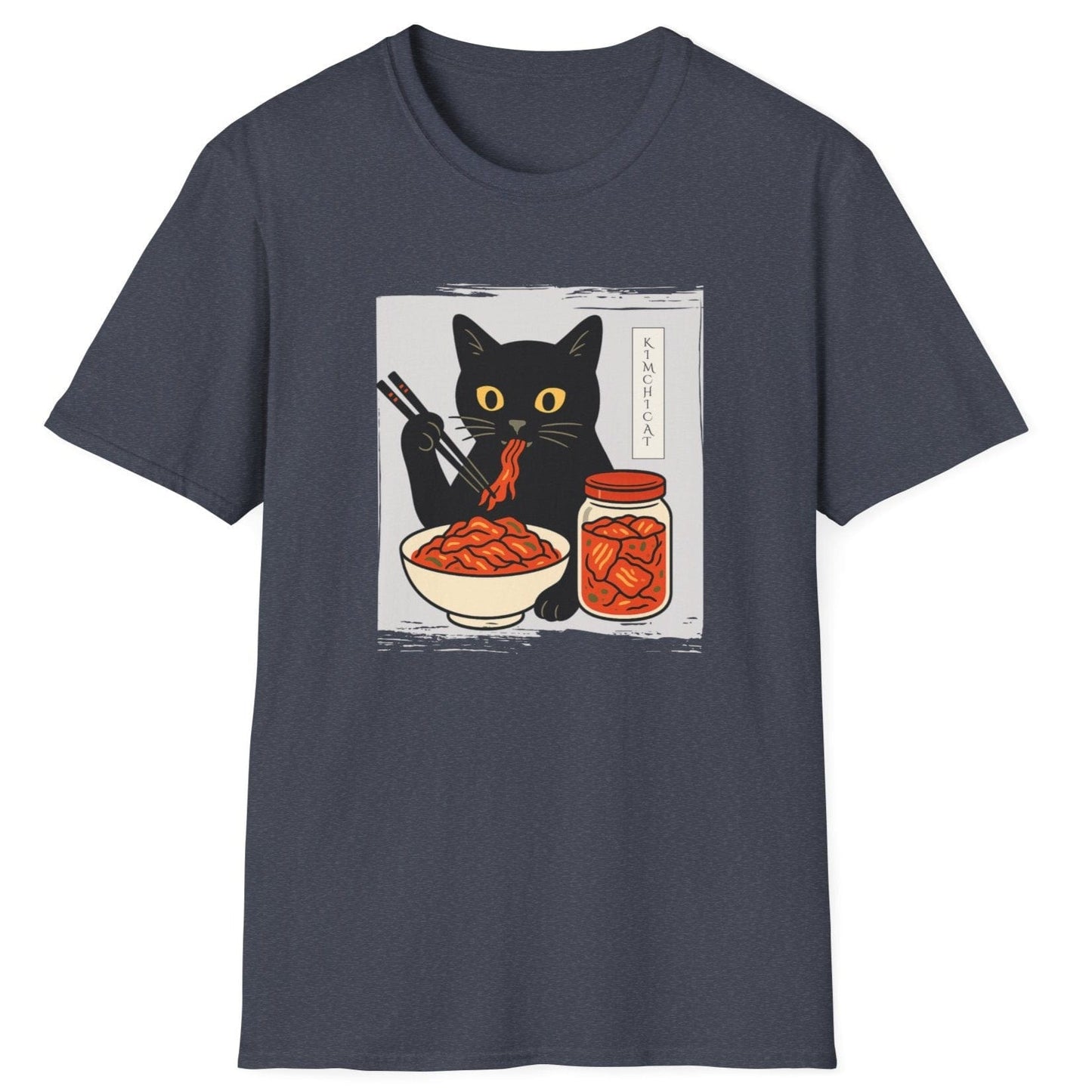 Vintage-style dark blue fermentation T-Shirt with an illustration of a black cat eating kimchi noodles, inspired by Japanese design and Korean fermentation culture, featured on a distressed textured background