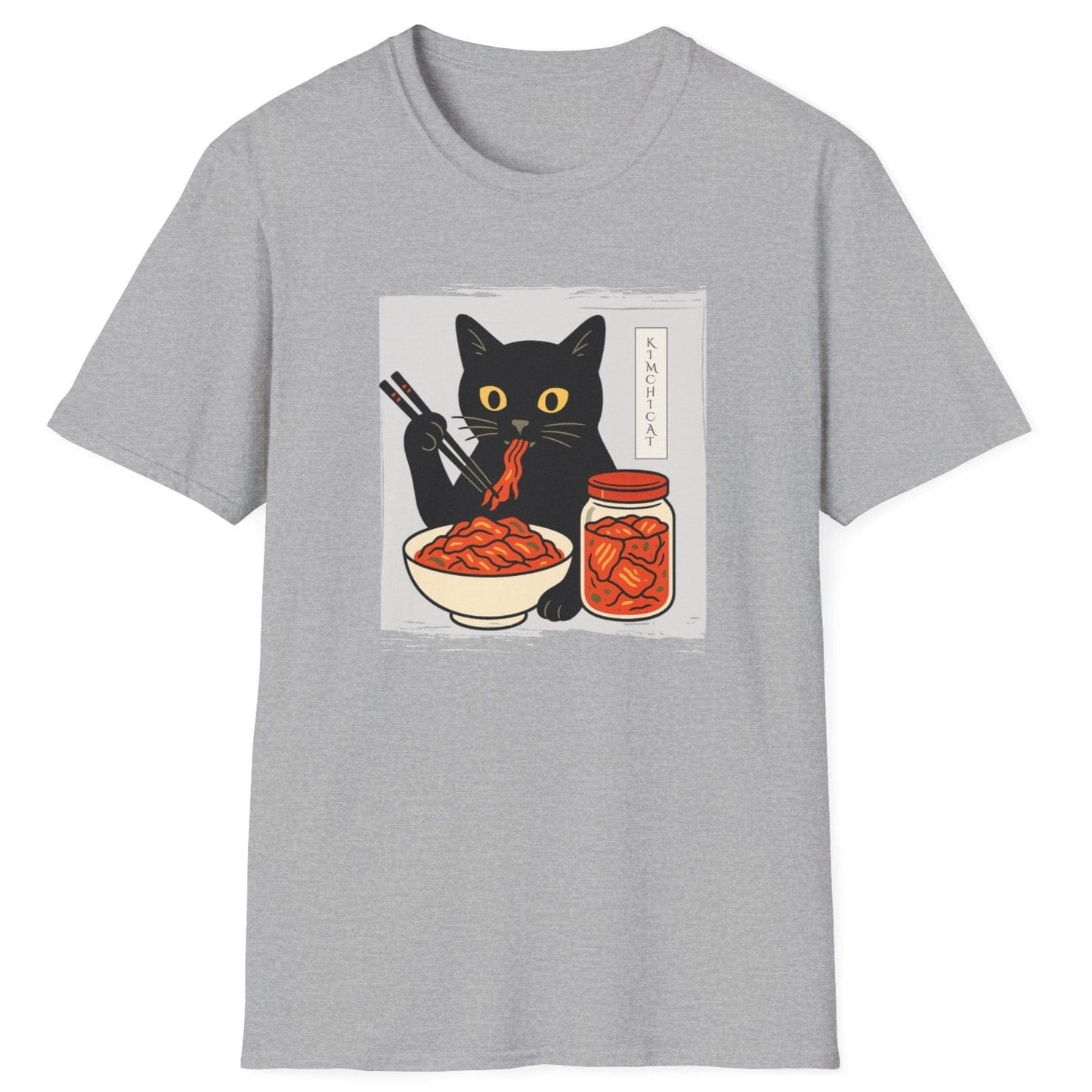 Vintage-style grey fermentation T-Shirt with an illustration of a black cat eating kimchi noodles, inspired by Japanese design and Korean fermentation culture, featured on a distressed textured background