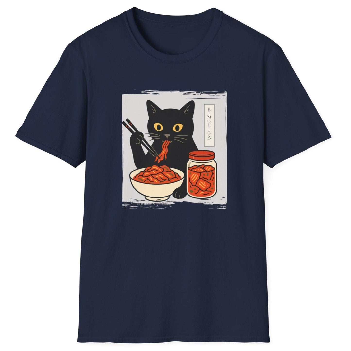 Vintage-style navy fermentation T-Shirt with an illustration of a black cat eating kimchi noodles, inspired by Japanese design and Korean fermentation culture, featured on a distressed textured background