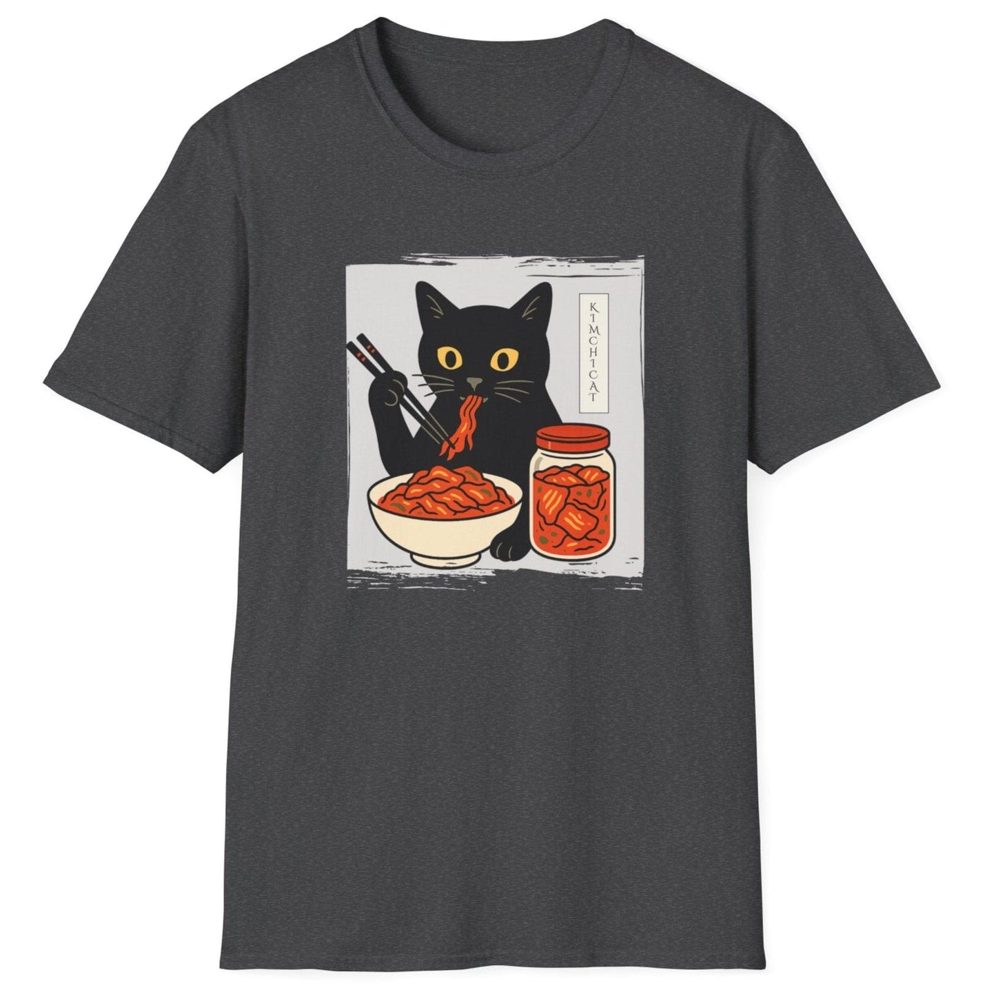 Vintage-style dark grey fermentation T-Shirt with an illustration of a black cat eating kimchi noodles, inspired by Japanese design and Korean fermentation culture, featured on a distressed textured background