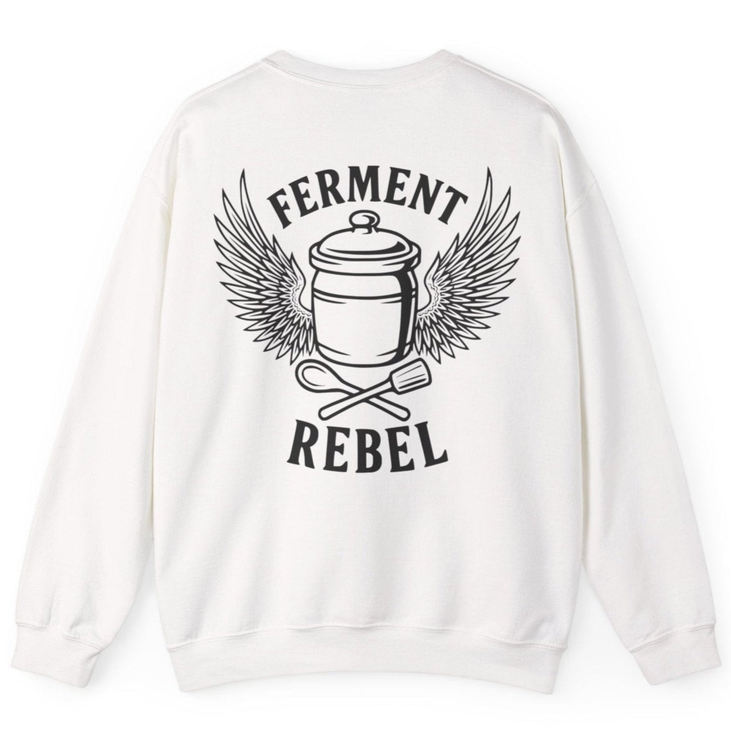 White Ferment Rebel back print sweatshirt for fans of fermentation, featuring a ceramic crock with dramatic wings and crossed wooden spoon and tamper - tools of the trade. Design inspired by vintage Harley Davidson jackets.