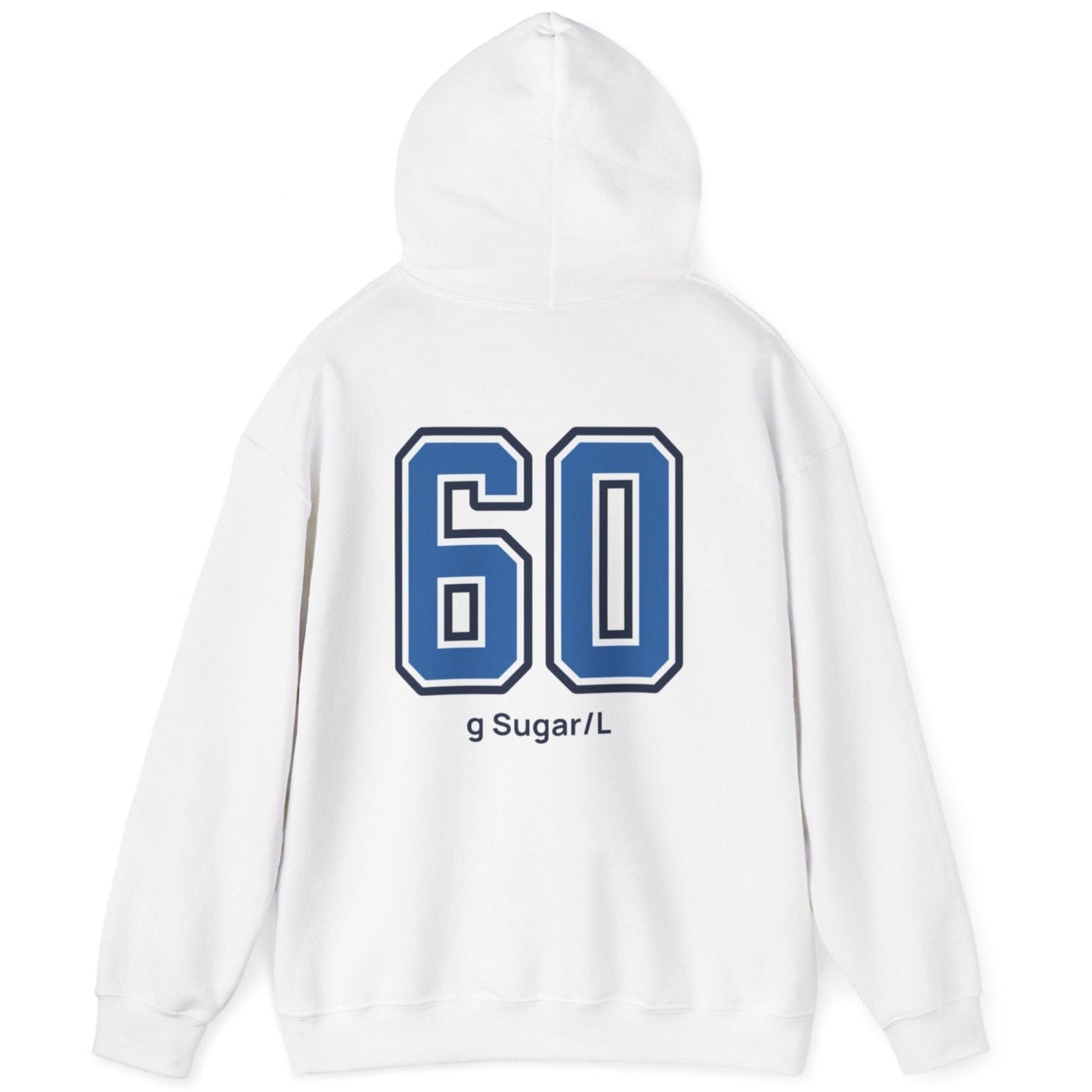 white varsity style hoodie for kombucha brewers with big bold back print stating 60g Sugar/L