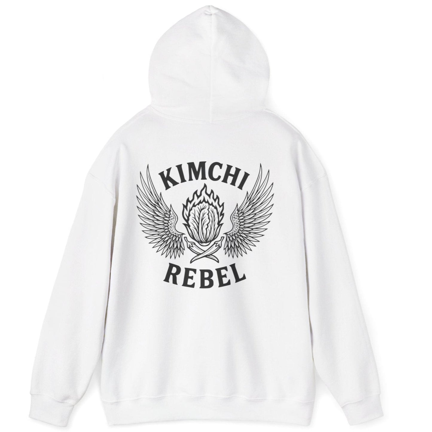 White Kimchi Rebel back print hoodie for fans of fermentation, featuring a nappa cabbage in spicy flames, wings and crossed chillies. Design inspired by vintage Harley Davidson jackets.