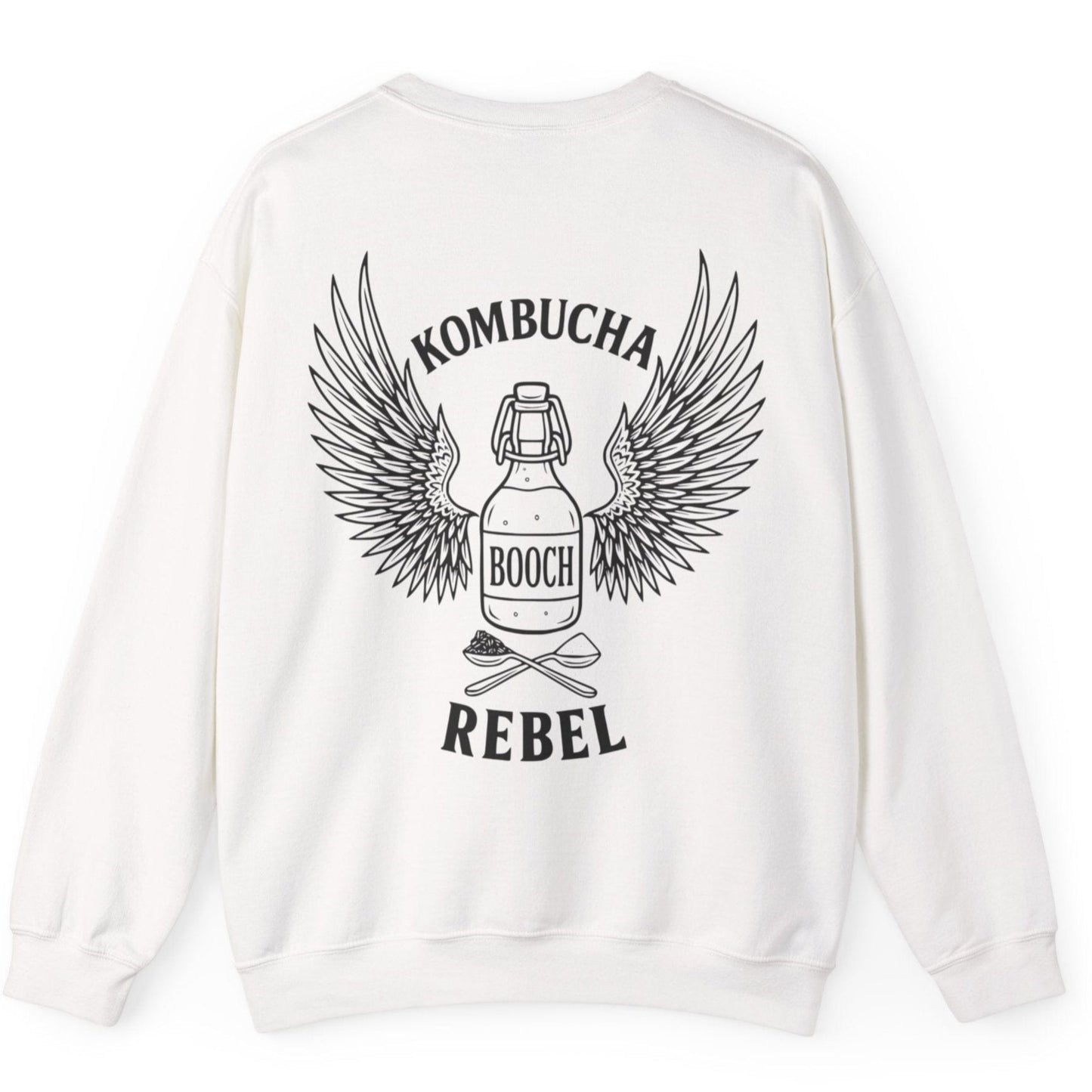 White Kombucha Rebel back print sweatshirt for fans of fermentation, featuring a bottle of booch with dramatic wings and crossed spoons - one with tea leaves and one with sugar. Design inspired by vintage Harley Davidson jackets.