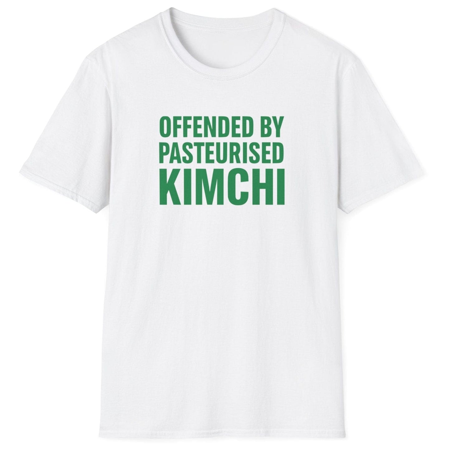 Bold white t-shirt with the slogan “Offended by Pasteurised Kimchi” in blocky 90s-style typography — perfect for fermentation lovers, kimchi purists, and probiotic advocates.