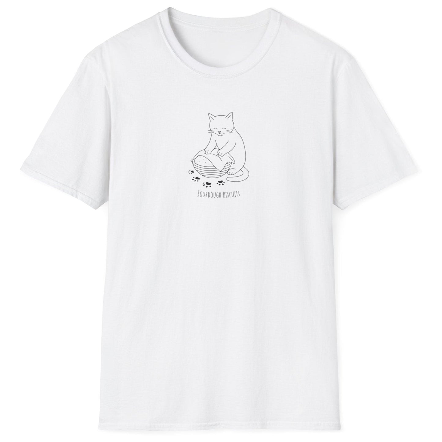 Illustrated cat kneading dough in a banneton, surrounded by floury paw prints — Sourdough Biscuits t-shirt in white for cat and bread lovers