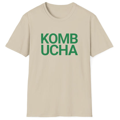 Beige t-shirt with green 'KOMBUCHA' text in modern bold typography