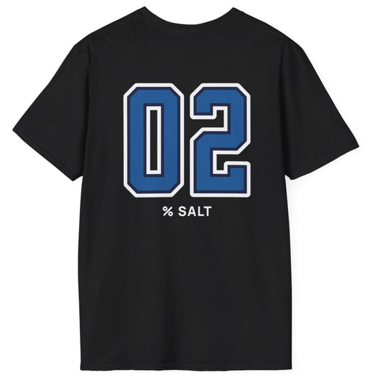 black cotton t-shirt with big bold varsity style numbers representing the 2% salt ratio for vegetable ferments.
