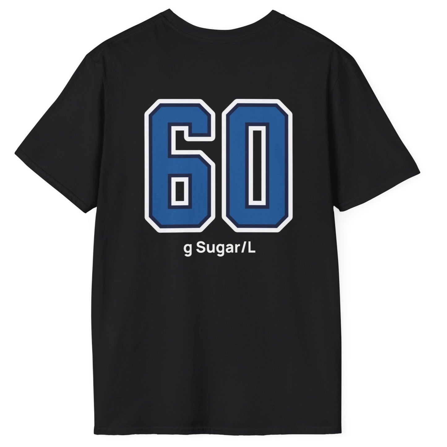 black cotton varsity style t-shirt for kombucha brewers with big bold back print stating 60g Sugar/L