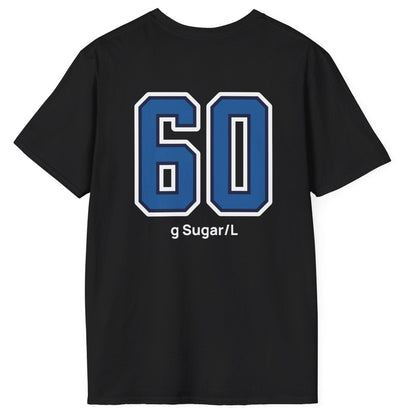 black cotton varsity style t-shirt for kombucha brewers with big bold back print stating 60g Sugar/L