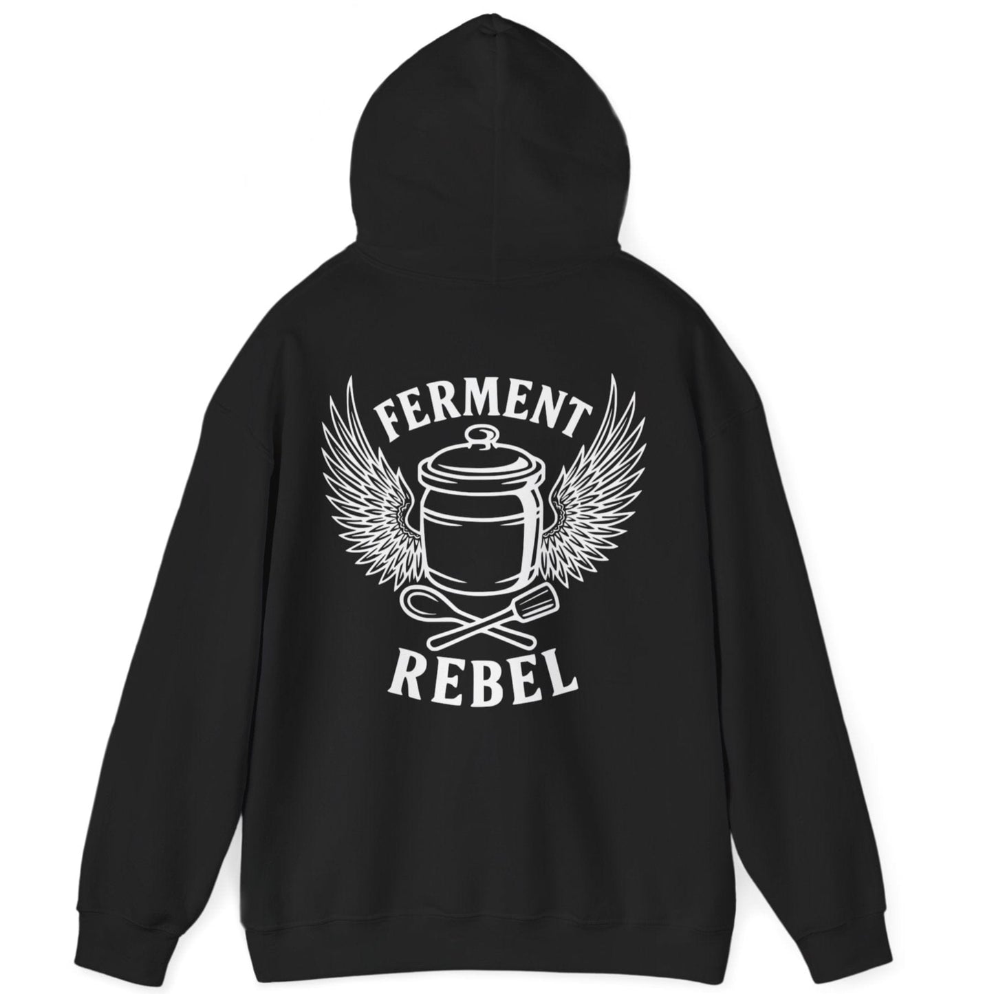Black Ferment Rebel back print hoodie for fans of fermentation, featuring a ceramic crock with dramatic wings and crossed wooden spoon and tamper - tools of the trade. Design inspired by vintage Harley Davidson jackets.