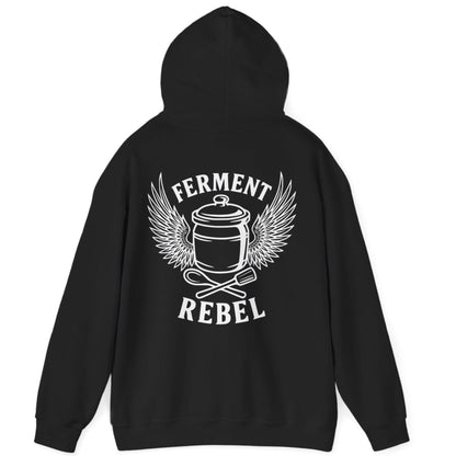 Black Ferment Rebel back print hoodie for fans of fermentation, featuring a ceramic crock with dramatic wings and crossed wooden spoon and tamper - tools of the trade. Design inspired by vintage Harley Davidson jackets.