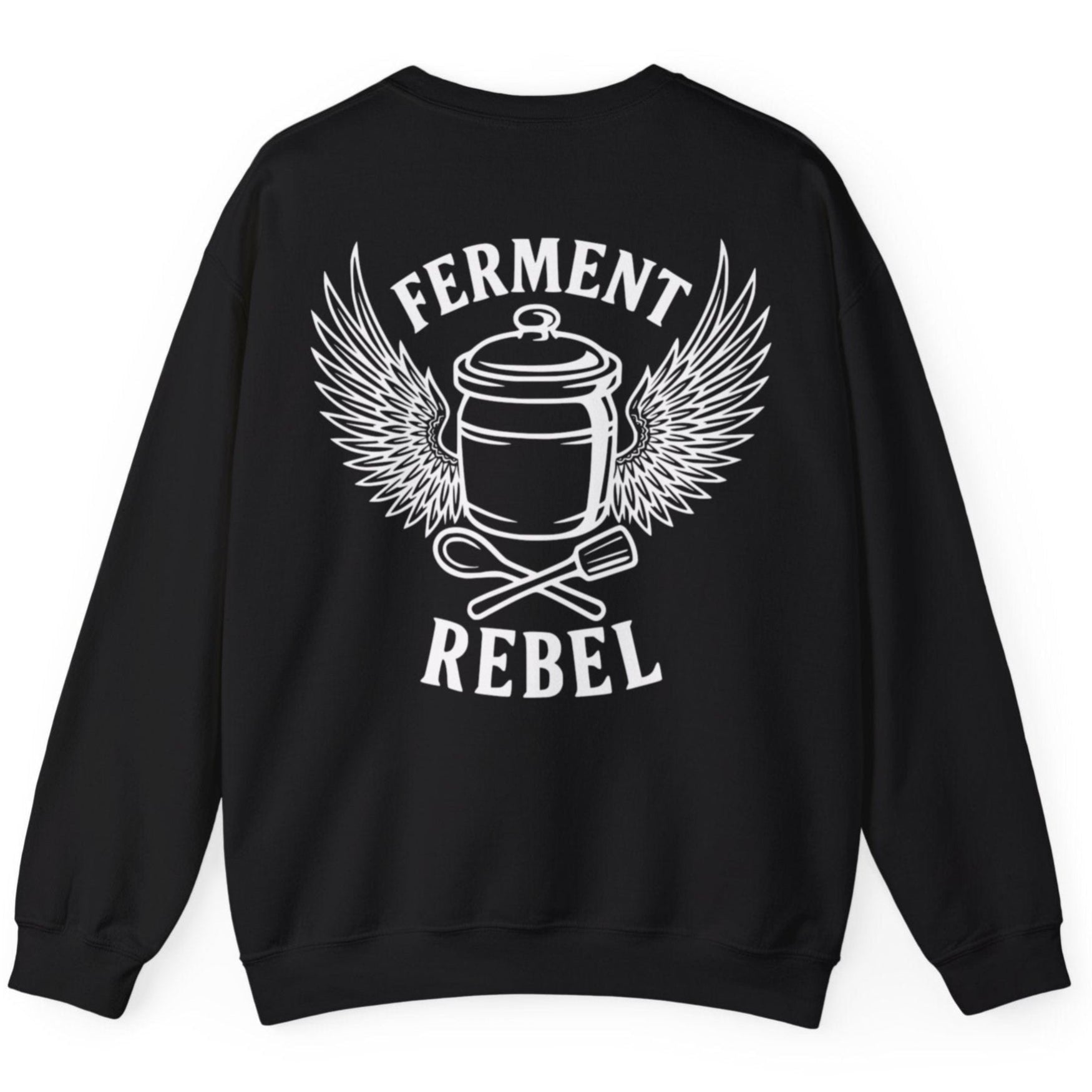 Black Ferment Rebel back print sweatshirt for fans of fermentation, featuring a ceramic crock with dramatic wings and crossed wooden spoon and tamper - tools of the trade. Design inspired by vintage Harley Davidson jackets.