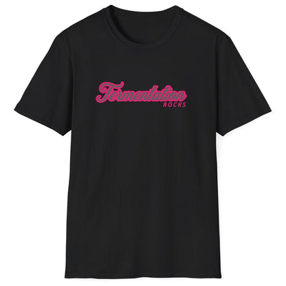 Unisex black cotton T-shirt with retro pink typography reading 'Fermentation Rocks,' perfect for fermentation fans and foodie gift lovers