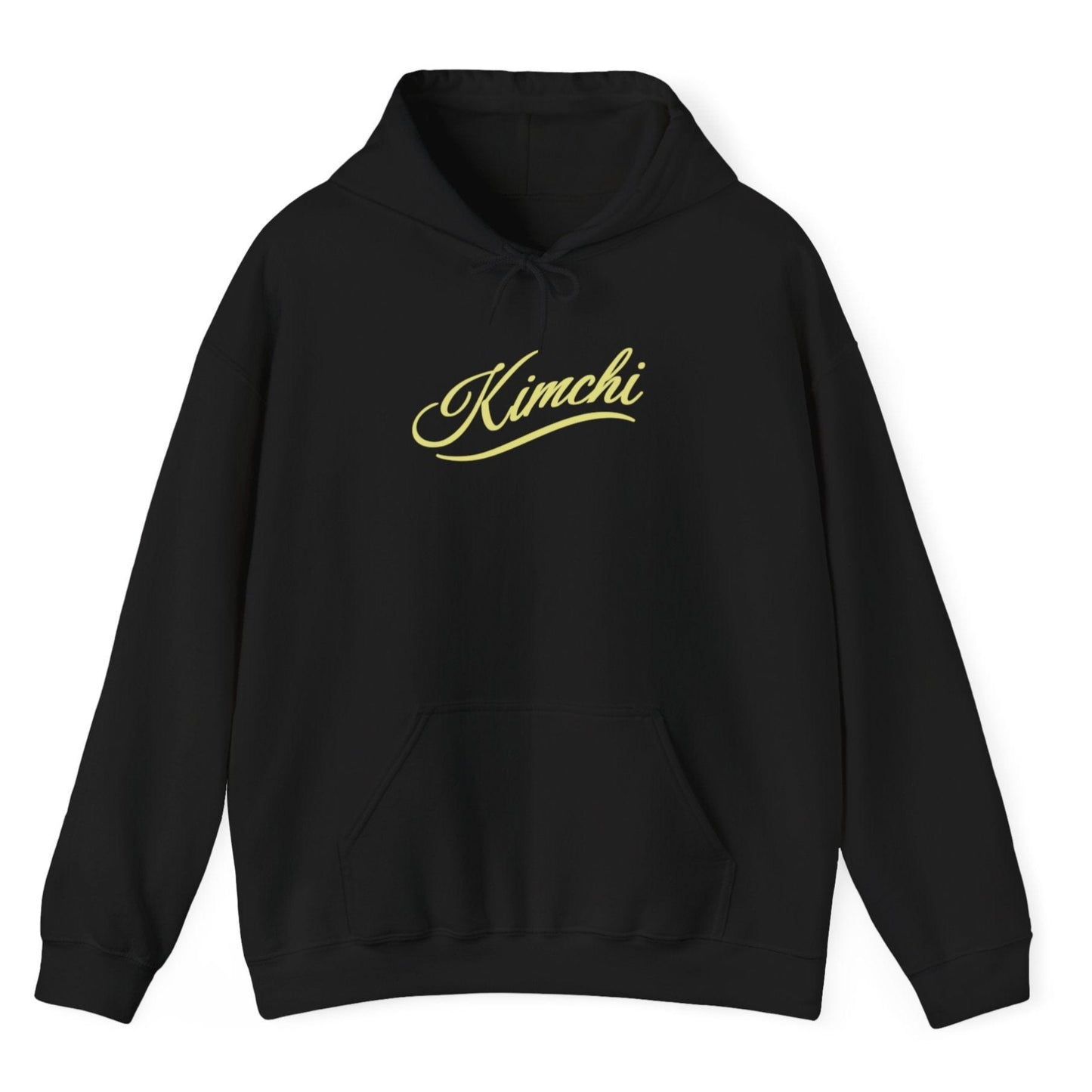 Black hoodie with the word KIMCHI in in a simple but elegant script with a subtle flourish. Great gift for fermenters and kimchi lovers.