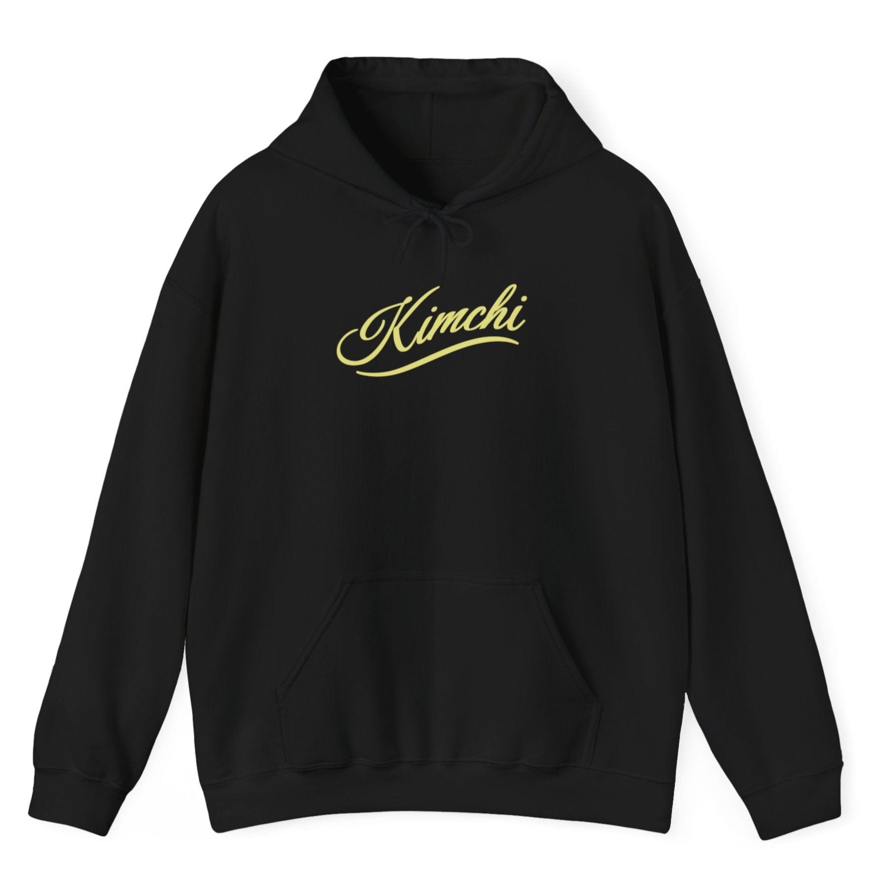 Black hoodie with the word KIMCHI in in a simple but elegant script with a subtle flourish. Great gift for fermenters and kimchi lovers.