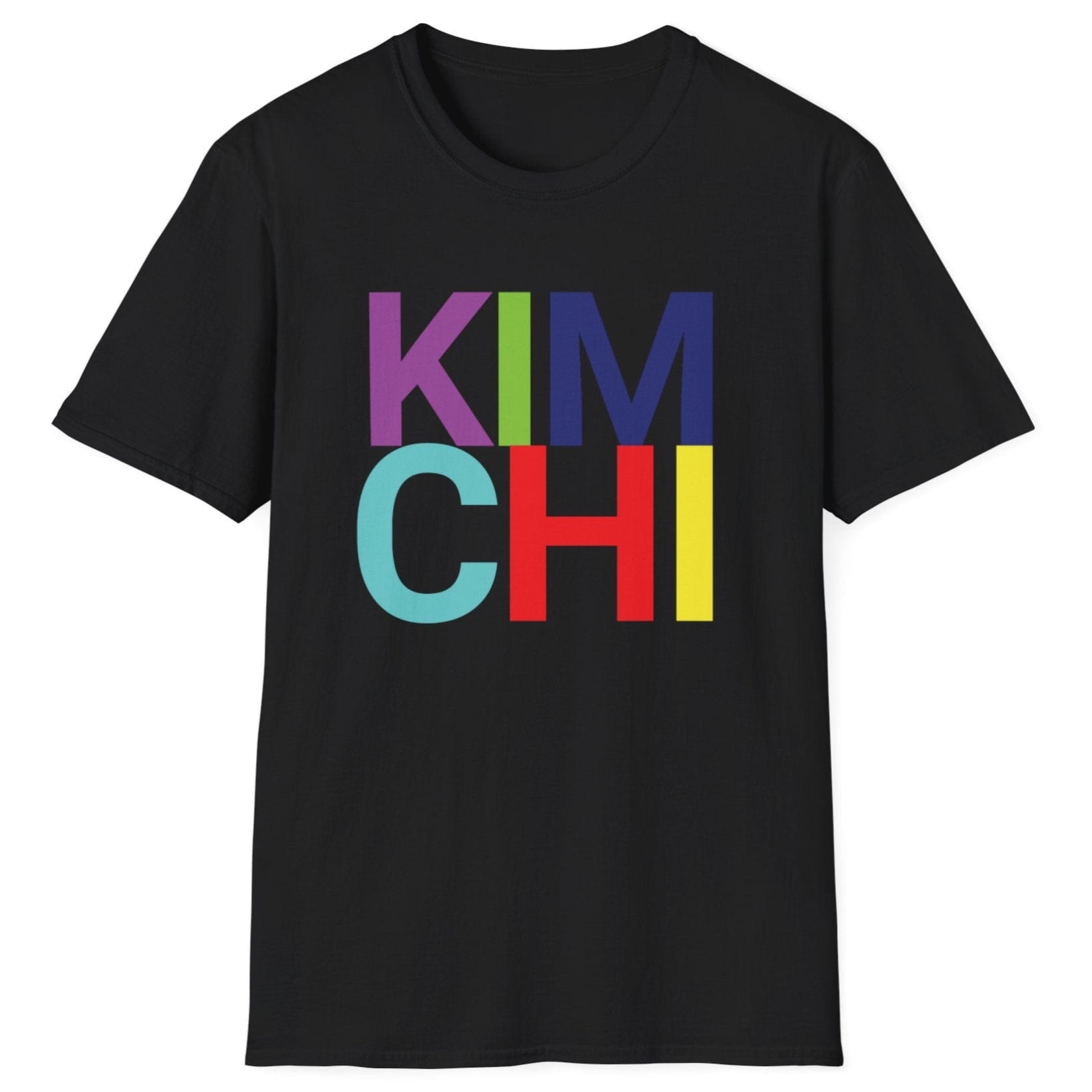 Black cotton t-shirt with 'KIM CHI' in bold colourful typography. Great gift for kimchi lovers and fermenters.