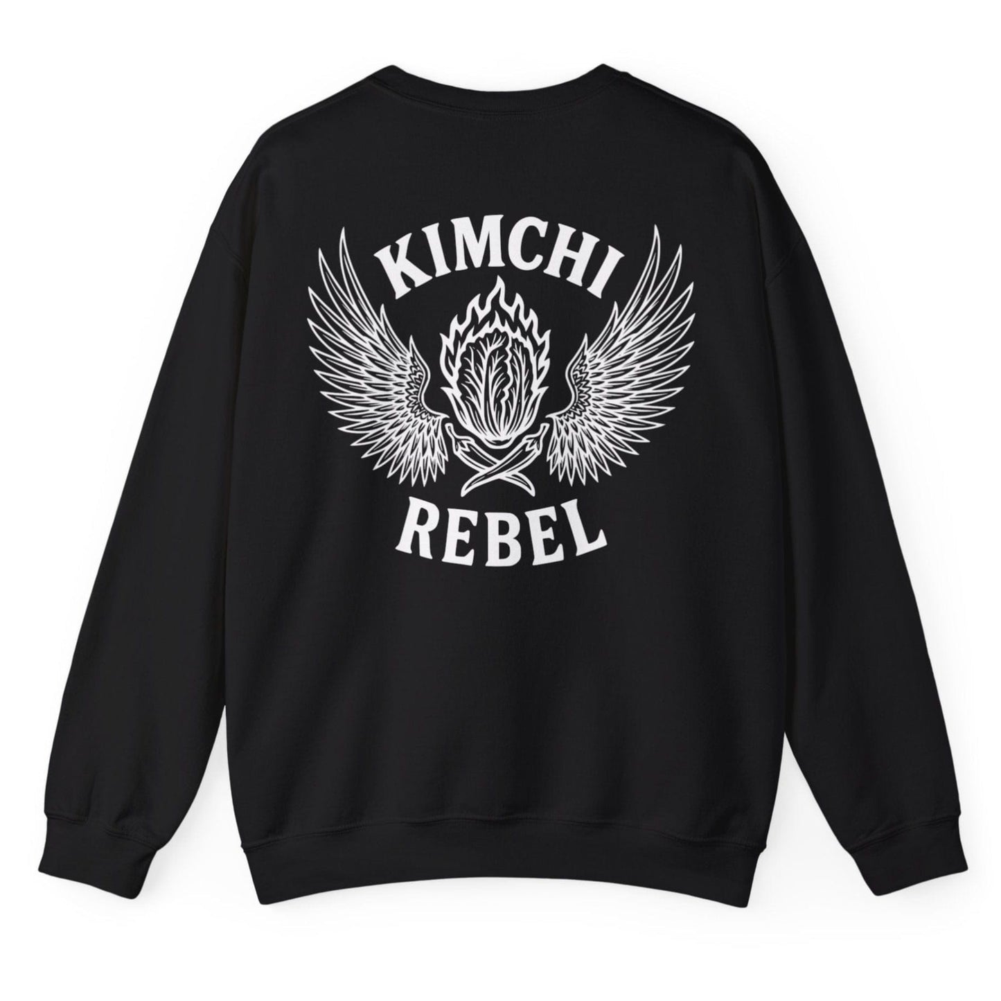 Black Kimchi Rebel back print sweatshirt for fans of fermentation and kimchi lovers, featuring a nappa cabbage in spicy flames, wings and crossed chillies. Design inspired by vintage Harley Davidson jackets.