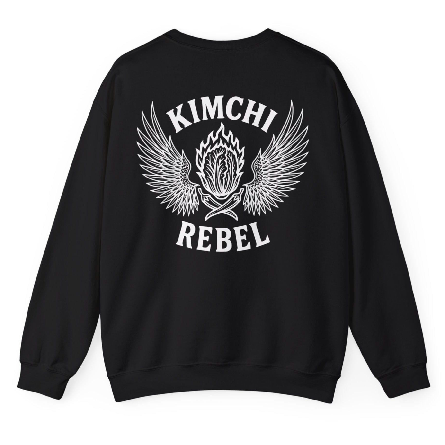 Black Kimchi Rebel back print sweatshirt for fans of fermentation and kimchi lovers, featuring a nappa cabbage in spicy flames, wings and crossed chillies. Design inspired by vintage Harley Davidson jackets.