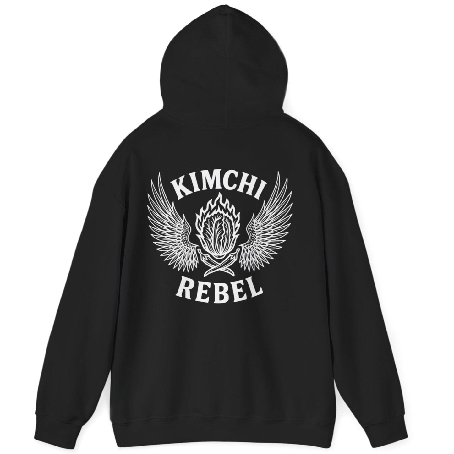 Black Kimchi Rebel back print hoodie for fans of fermentation, featuring a nappa cabbage in spicy flames, wings and crossed chillies. Design inspired by vintage Harley Davidson jackets.