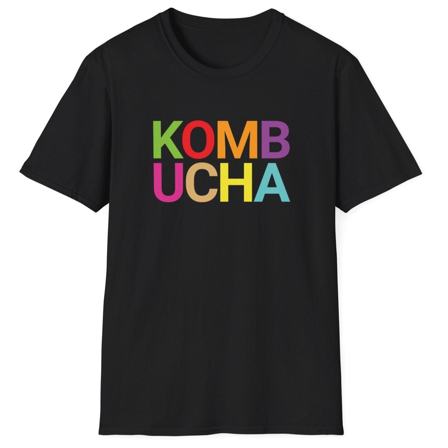Black cotton t-shirt with 'KOMB UCHA' in bold colourful typography. Modern and playful. Great gift for fermenters and kombucha lovers.