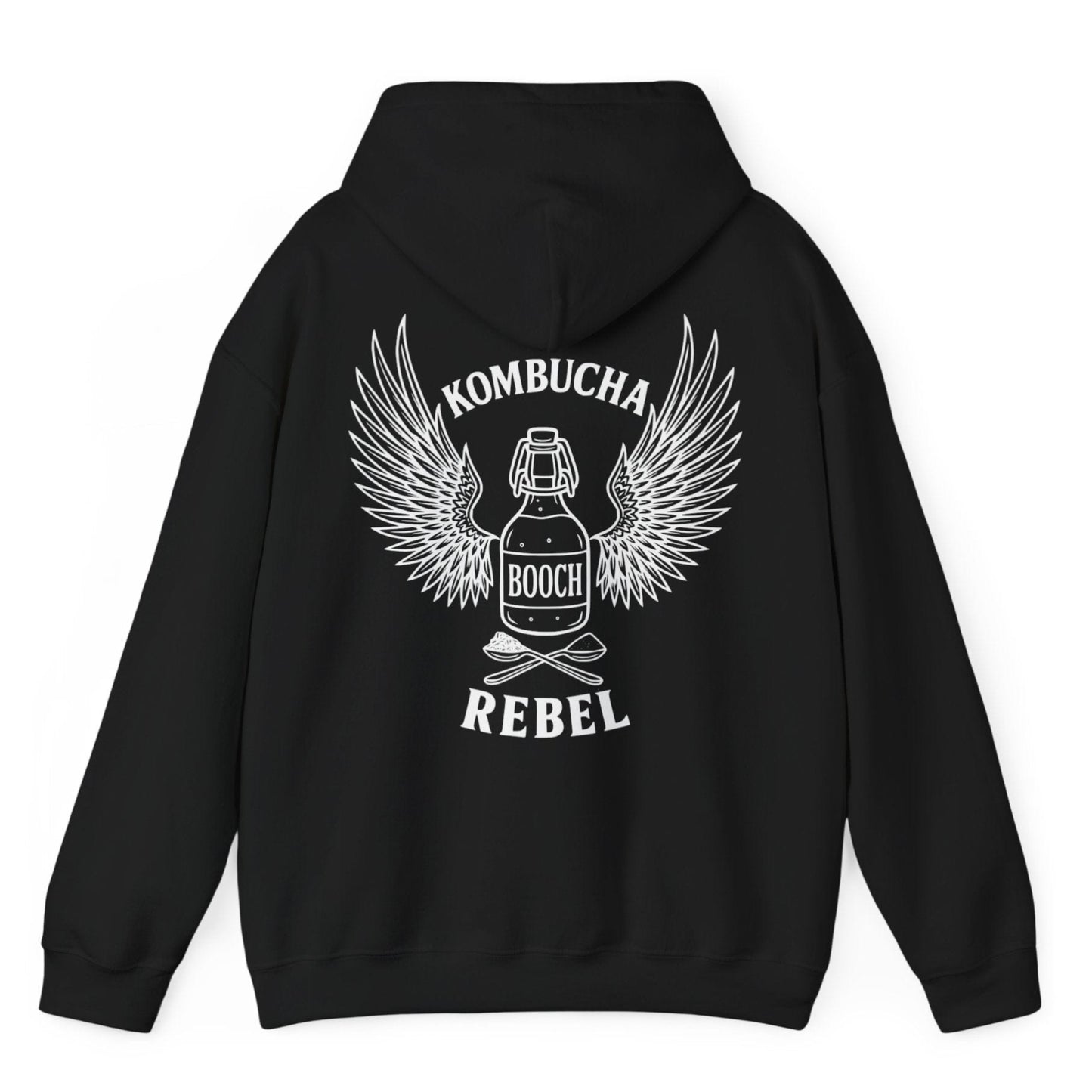 Black Kombucha Rebel back print hoodie for fans of fermentation, featuring a bottle of booch with dramatic wings and crossed spoons - one with tea leaves and one with sugar. Design inspired by vintage Harley Davidson jackets.