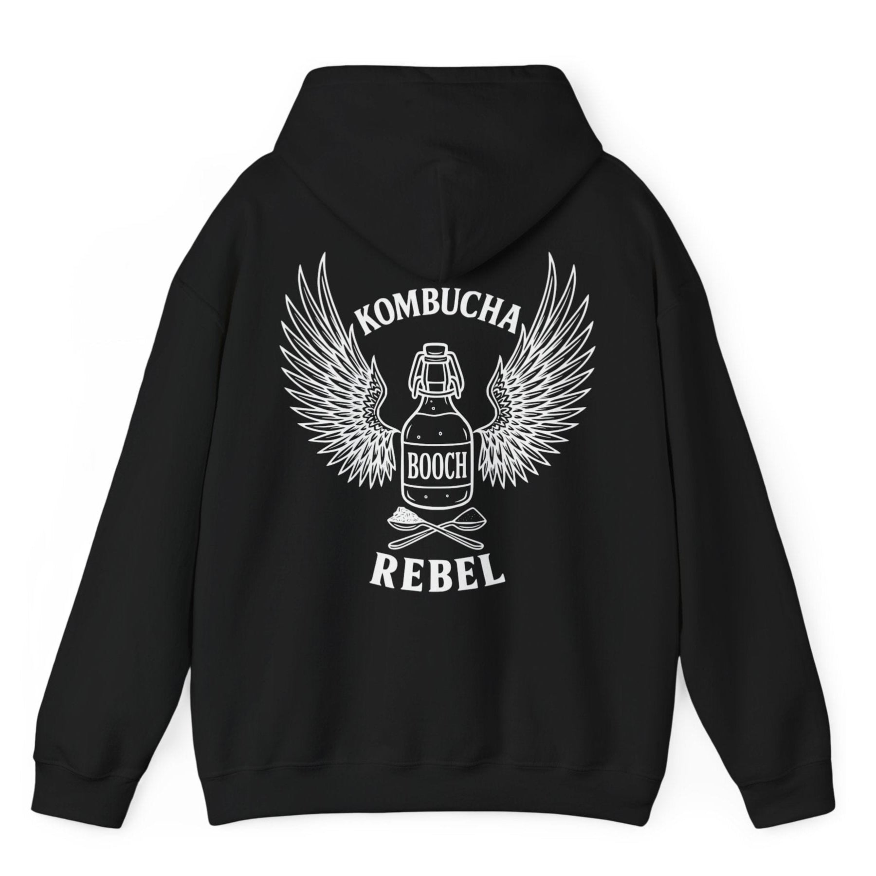 Black Kombucha Rebel back print hoodie for fans of fermentation, featuring a bottle of booch with dramatic wings and crossed spoons - one with tea leaves and one with sugar. Design inspired by vintage Harley Davidson jackets.